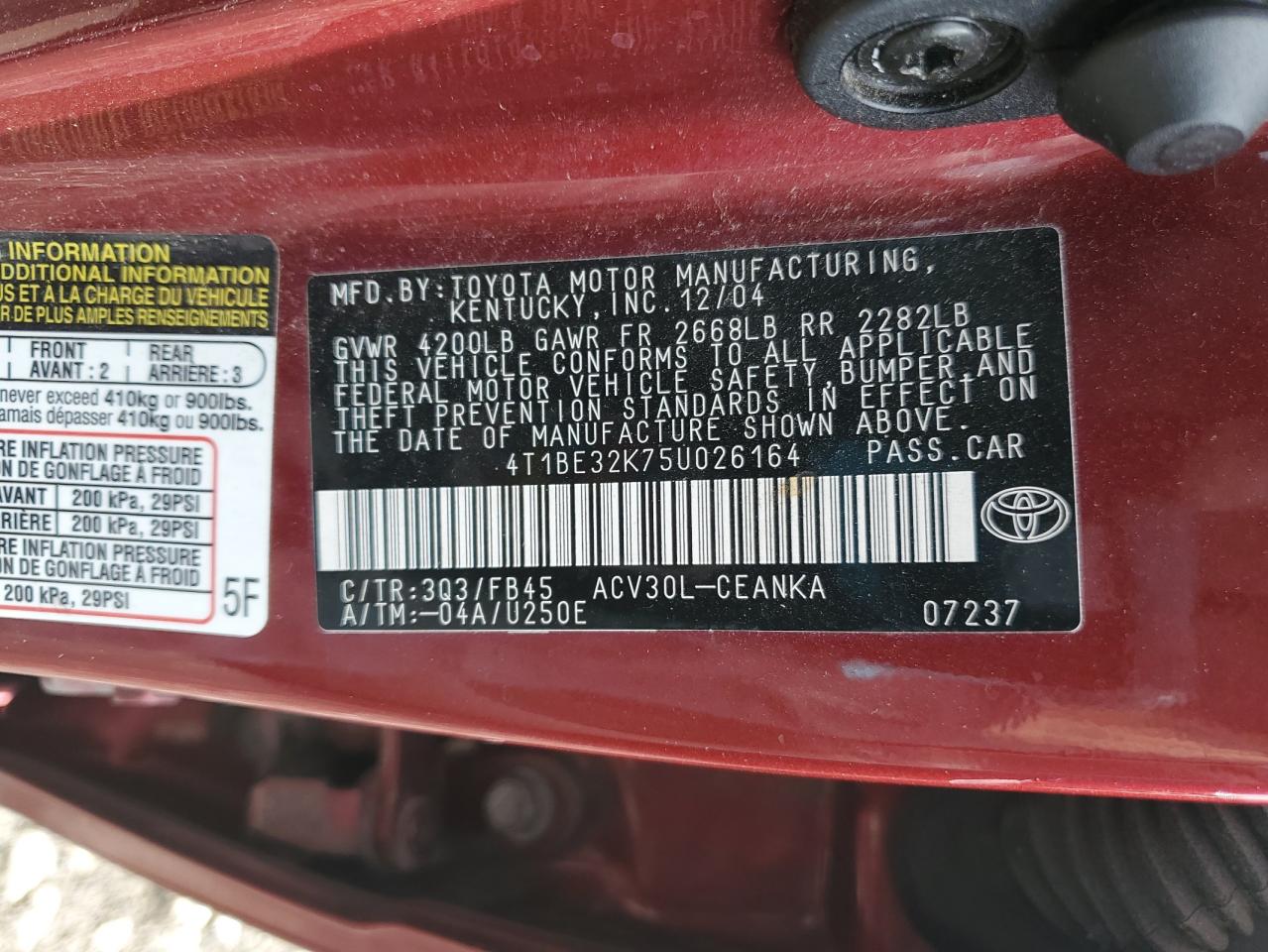 Photo 11 VIN: 4T1BE32K75U026164 - TOYOTA CAMRY 