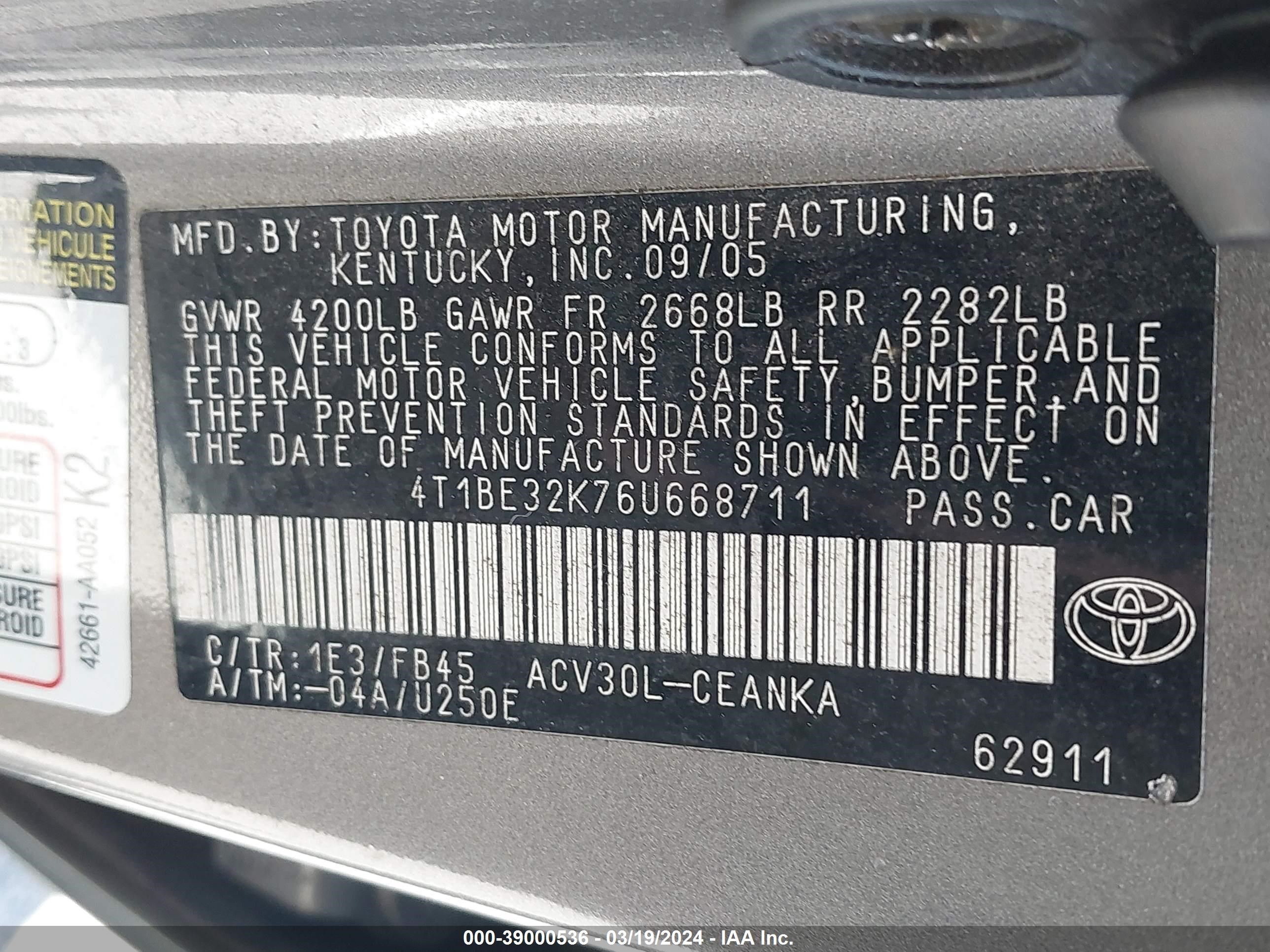 Photo 8 VIN: 4T1BE32K76U668711 - TOYOTA CAMRY 