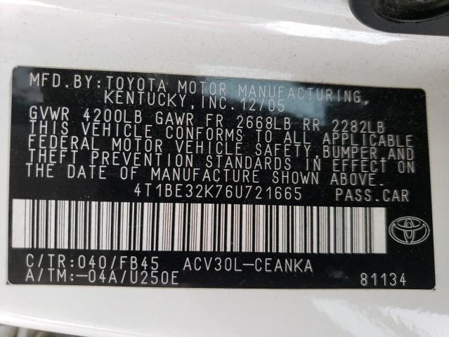 Photo 11 VIN: 4T1BE32K76U721665 - TOYOTA CAMRY LE 