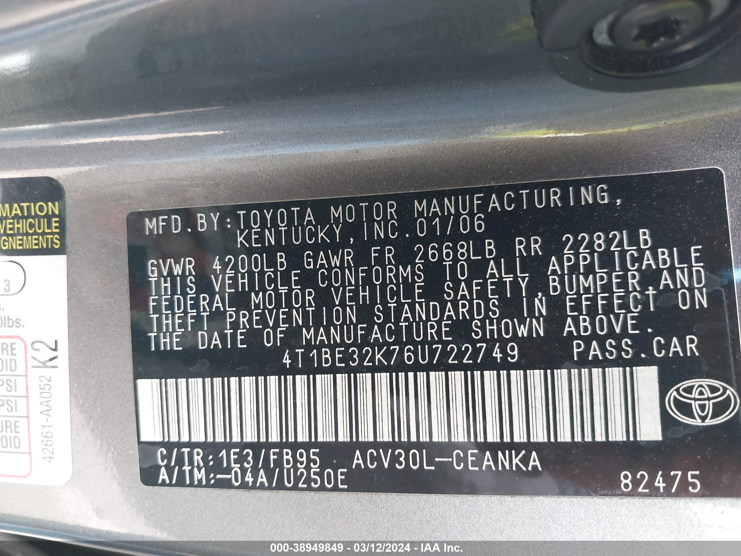 Photo 8 VIN: 4T1BE32K76U722749 - TOYOTA CAMRY 