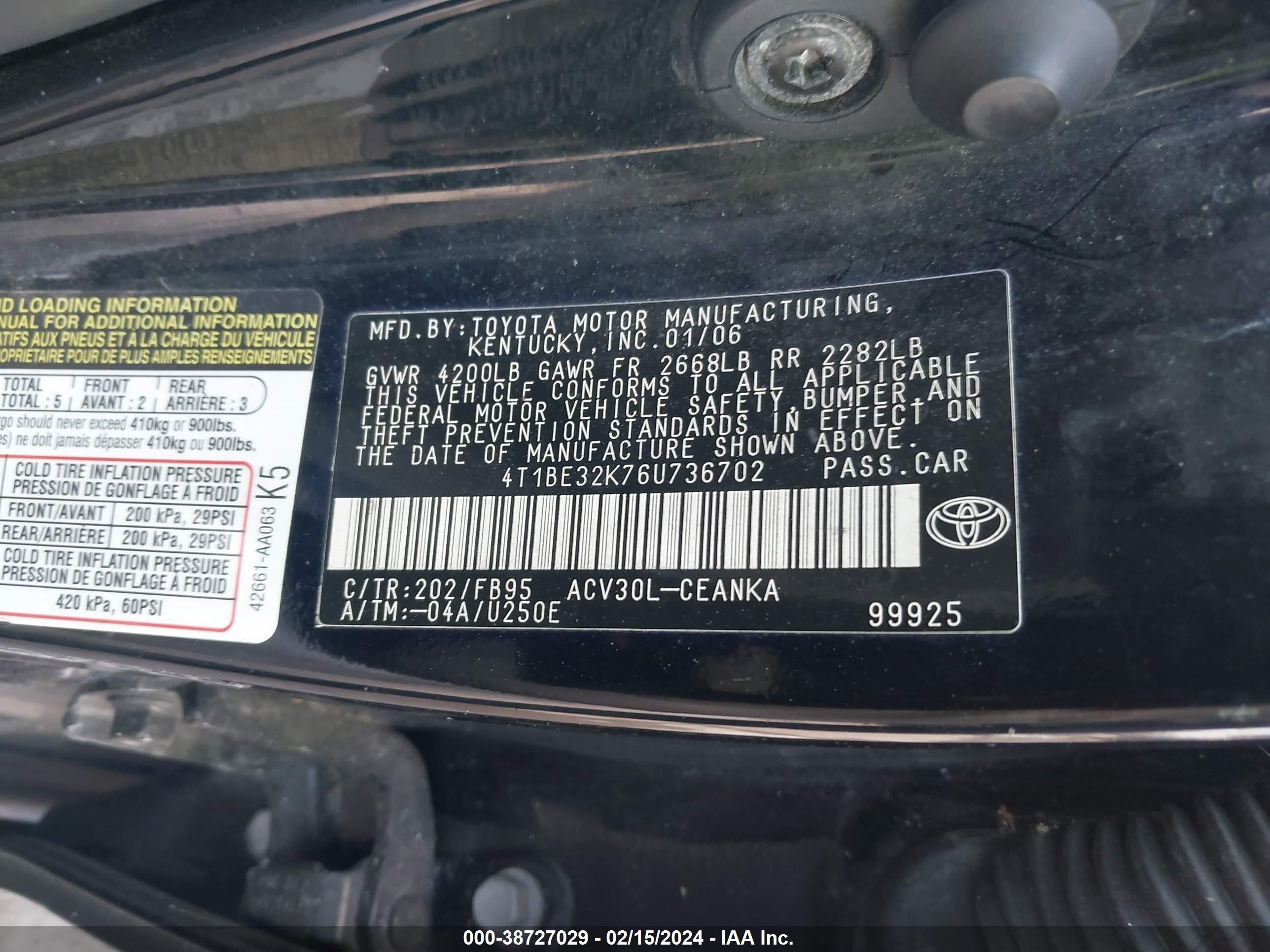 Photo 8 VIN: 4T1BE32K76U736702 - TOYOTA CAMRY 