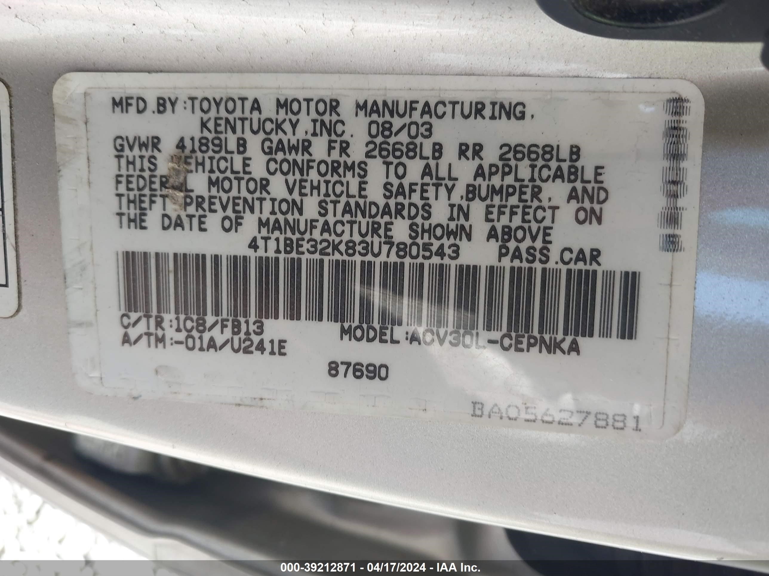 Photo 8 VIN: 4T1BE32K83U780543 - TOYOTA CAMRY 