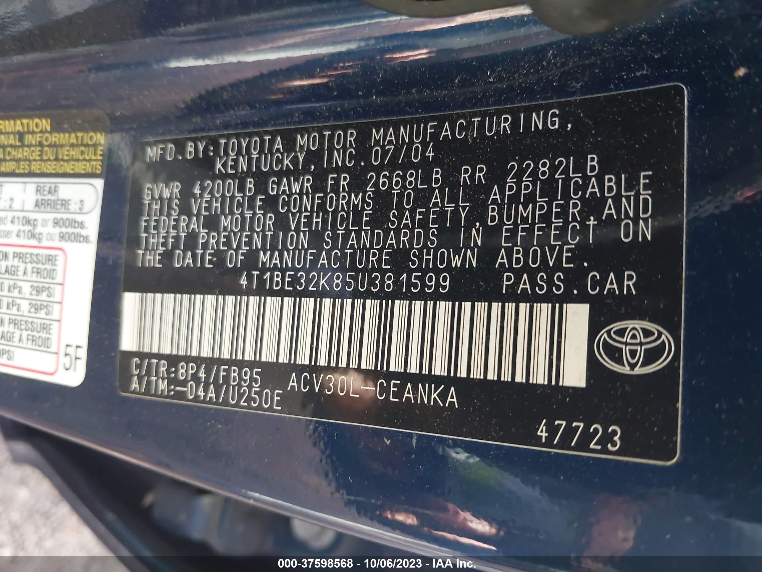 Photo 8 VIN: 4T1BE32K85U381599 - TOYOTA CAMRY 