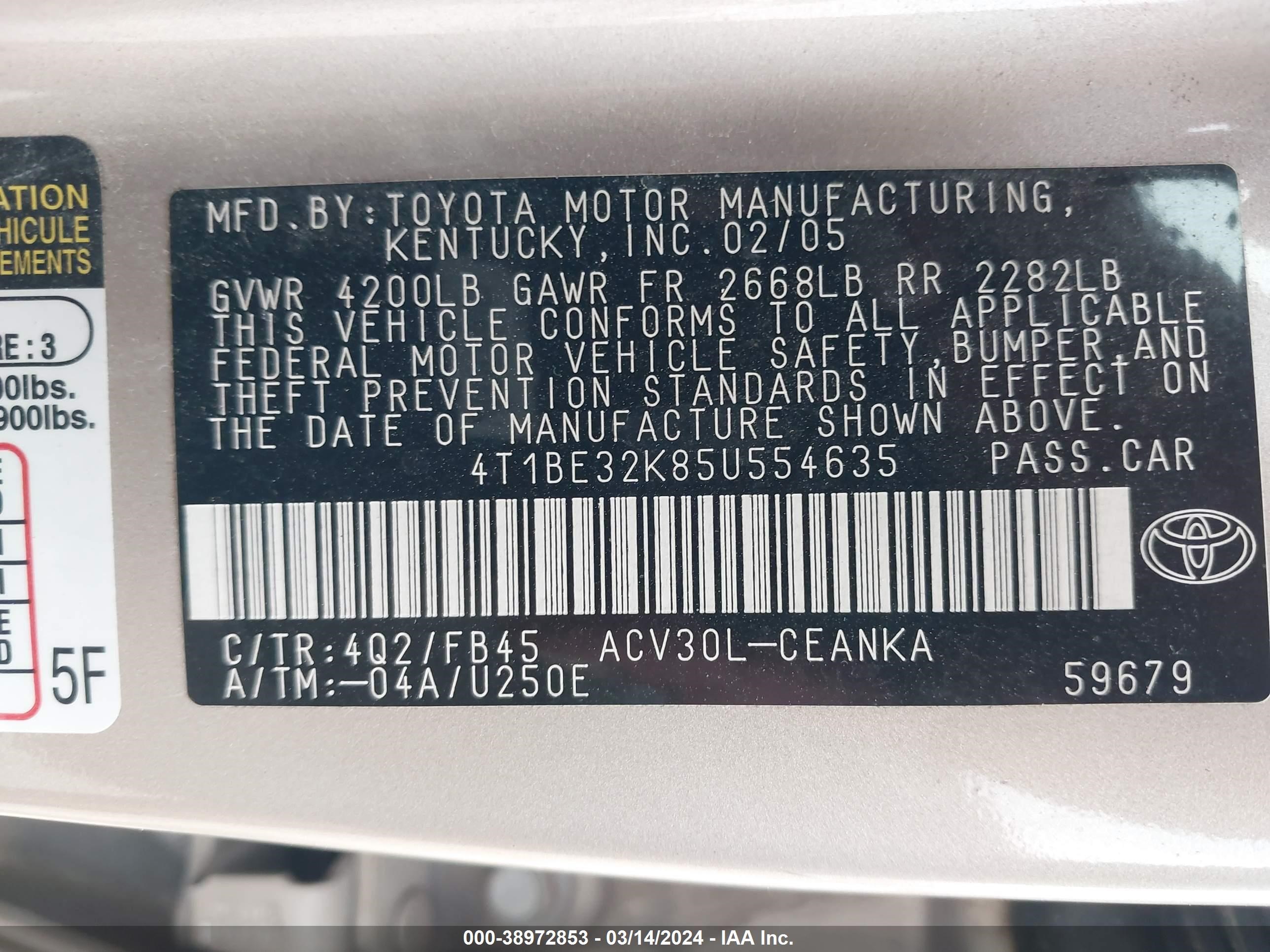 Photo 8 VIN: 4T1BE32K85U554635 - TOYOTA CAMRY 