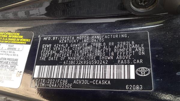 Photo 2 VIN: 4T1BE32K85U593242 - TOYOTA CAMRY 