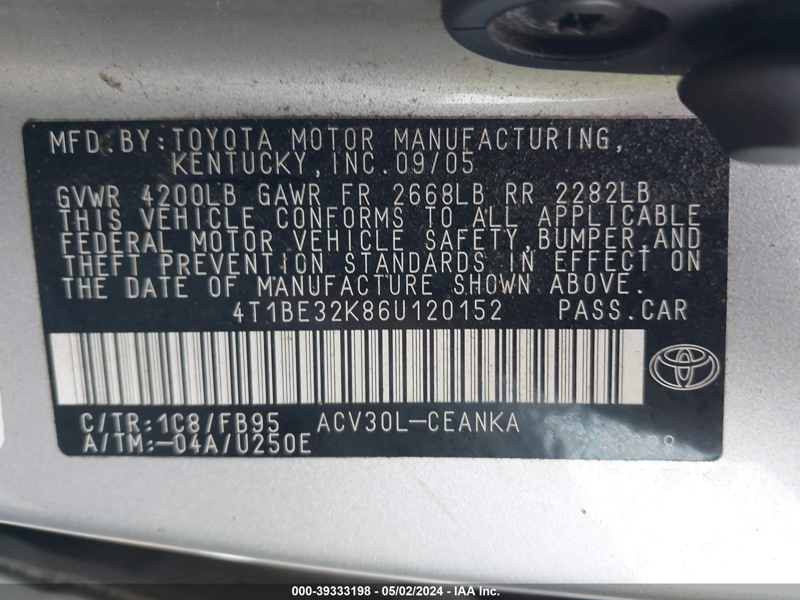 Photo 8 VIN: 4T1BE32K86U120152 - TOYOTA CAMRY 