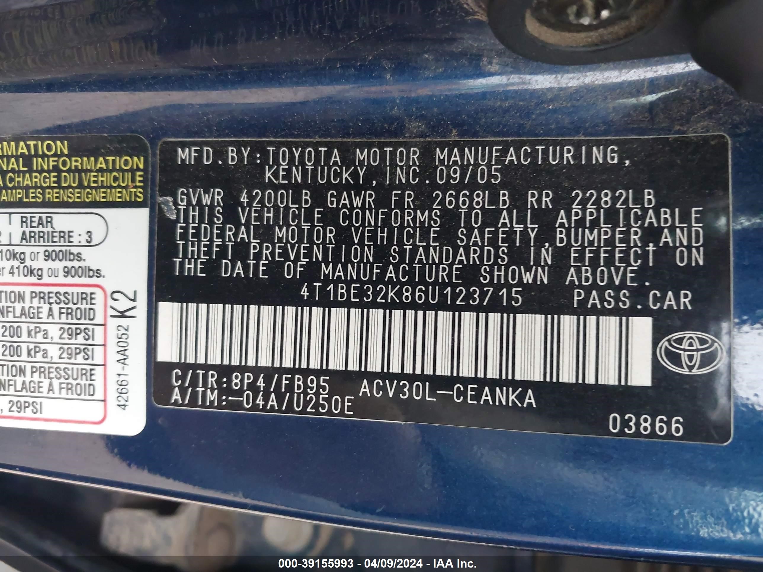 Photo 8 VIN: 4T1BE32K86U123715 - TOYOTA CAMRY 