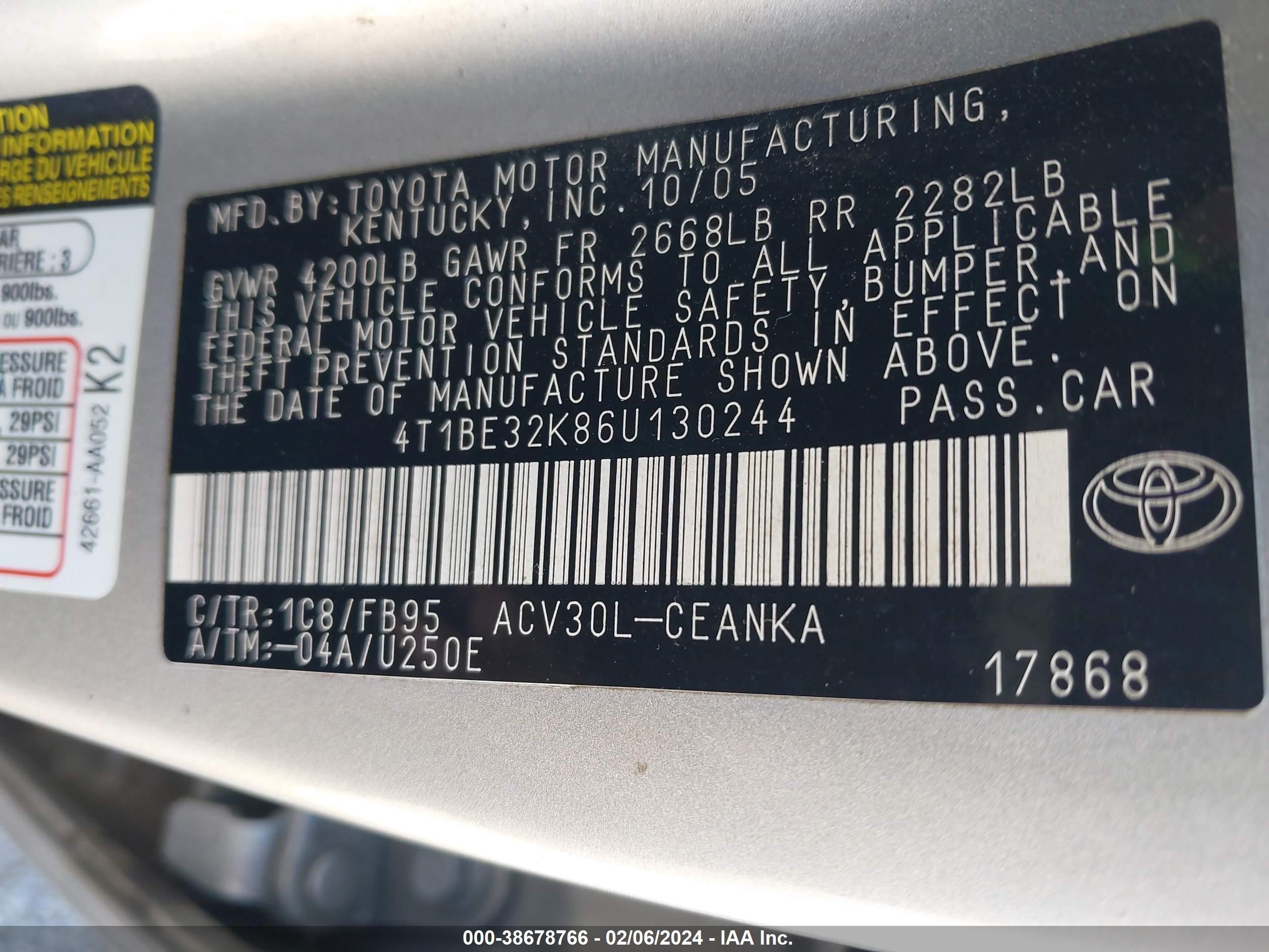 Photo 8 VIN: 4T1BE32K86U130244 - TOYOTA CAMRY 