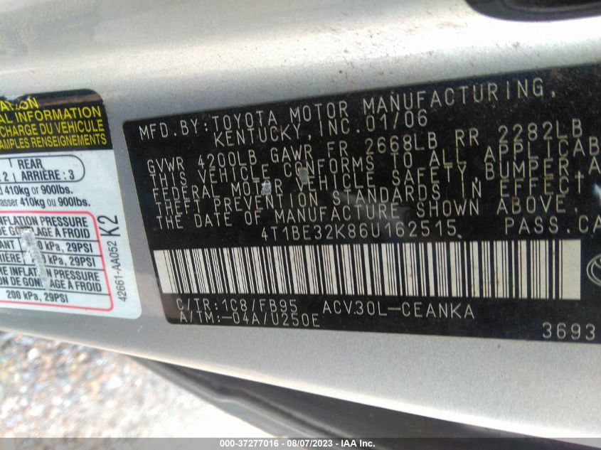 Photo 8 VIN: 4T1BE32K86U162515 - TOYOTA CAMRY 