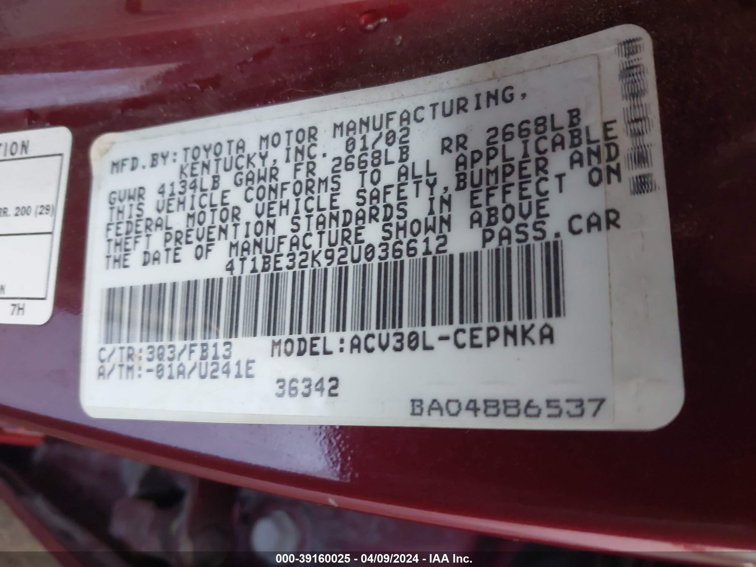 Photo 8 VIN: 4T1BE32K92U036612 - TOYOTA CAMRY 