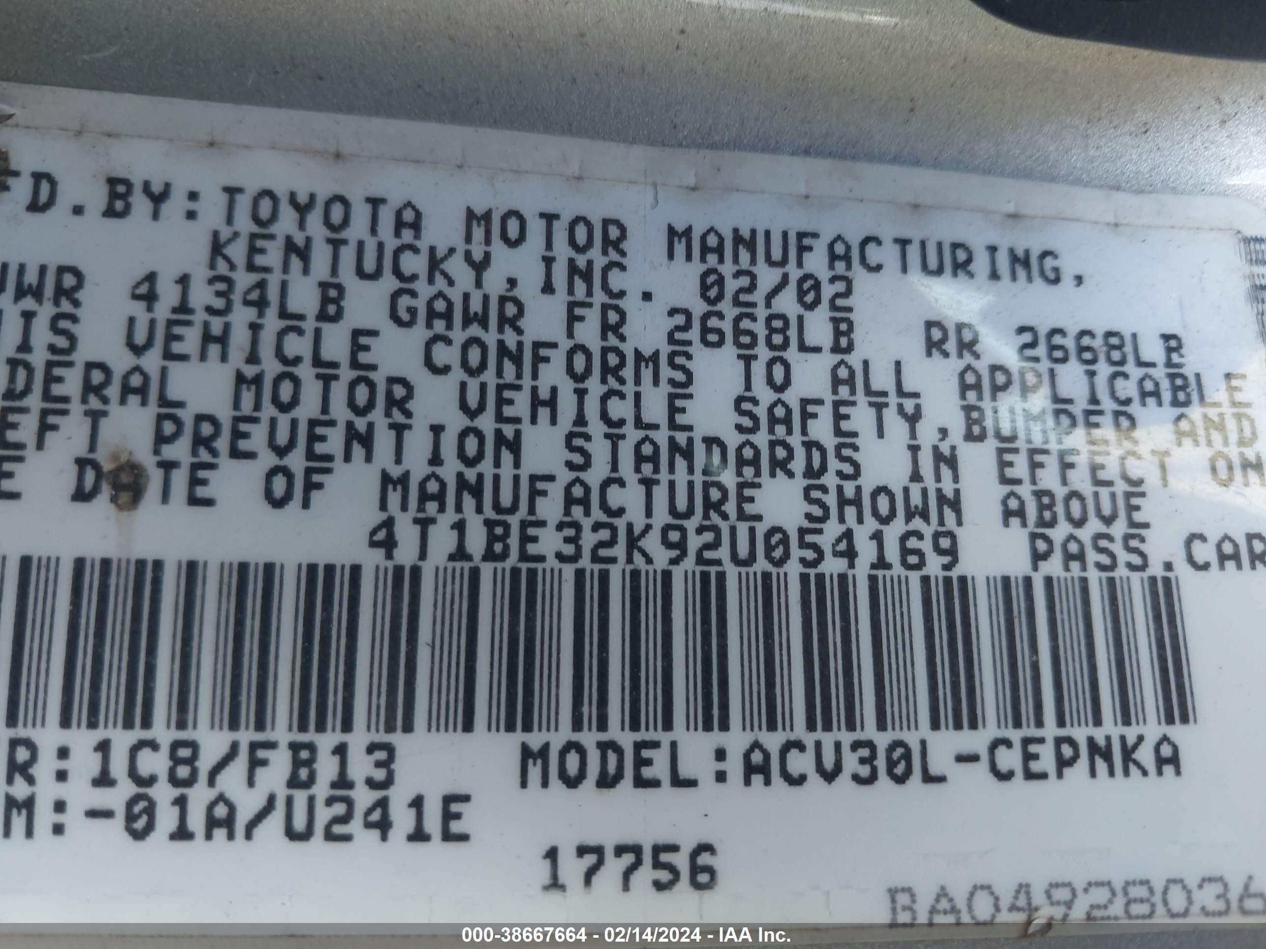 Photo 8 VIN: 4T1BE32K92U054169 - TOYOTA CAMRY 