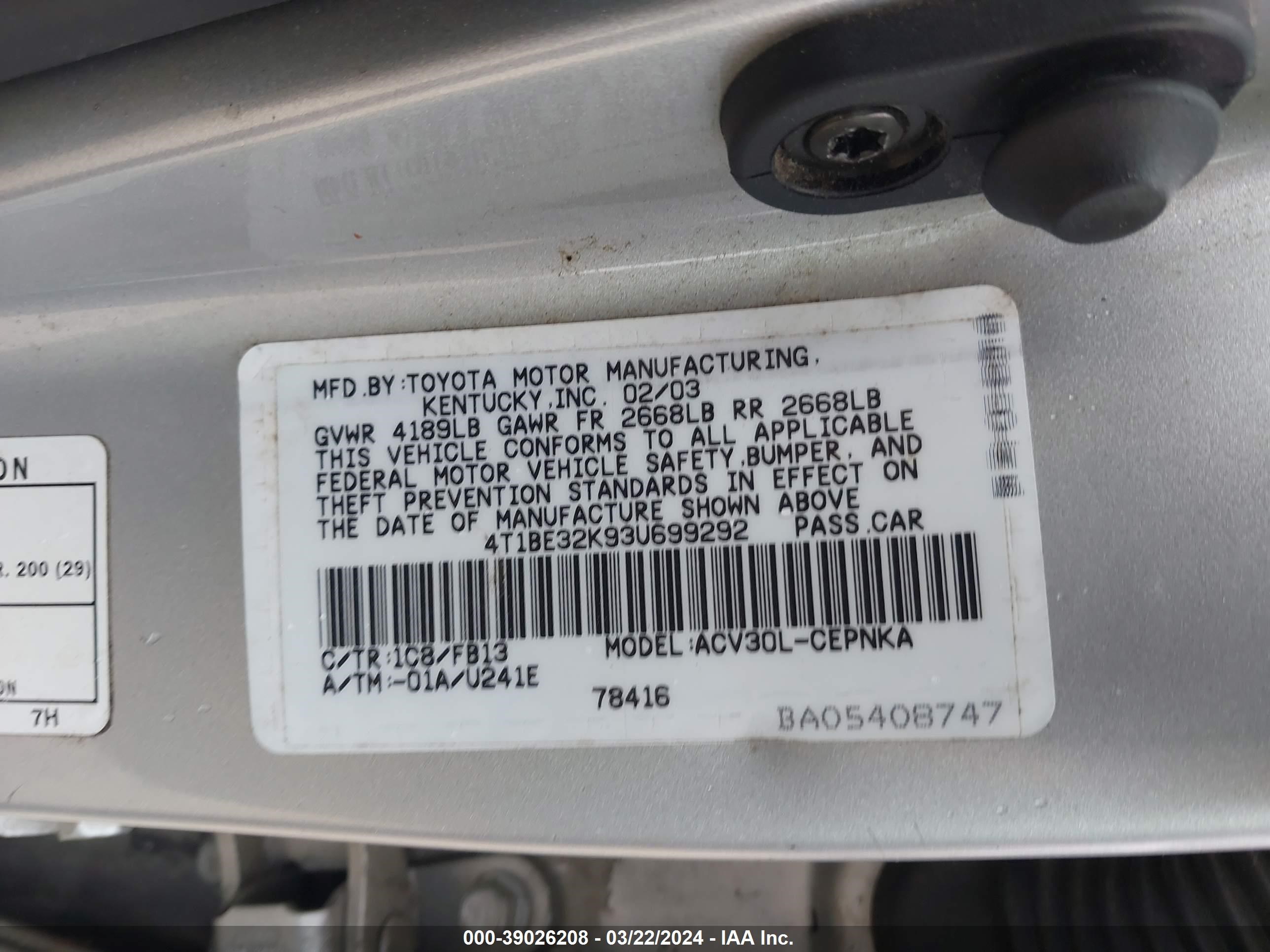 Photo 8 VIN: 4T1BE32K93U699292 - TOYOTA CAMRY 