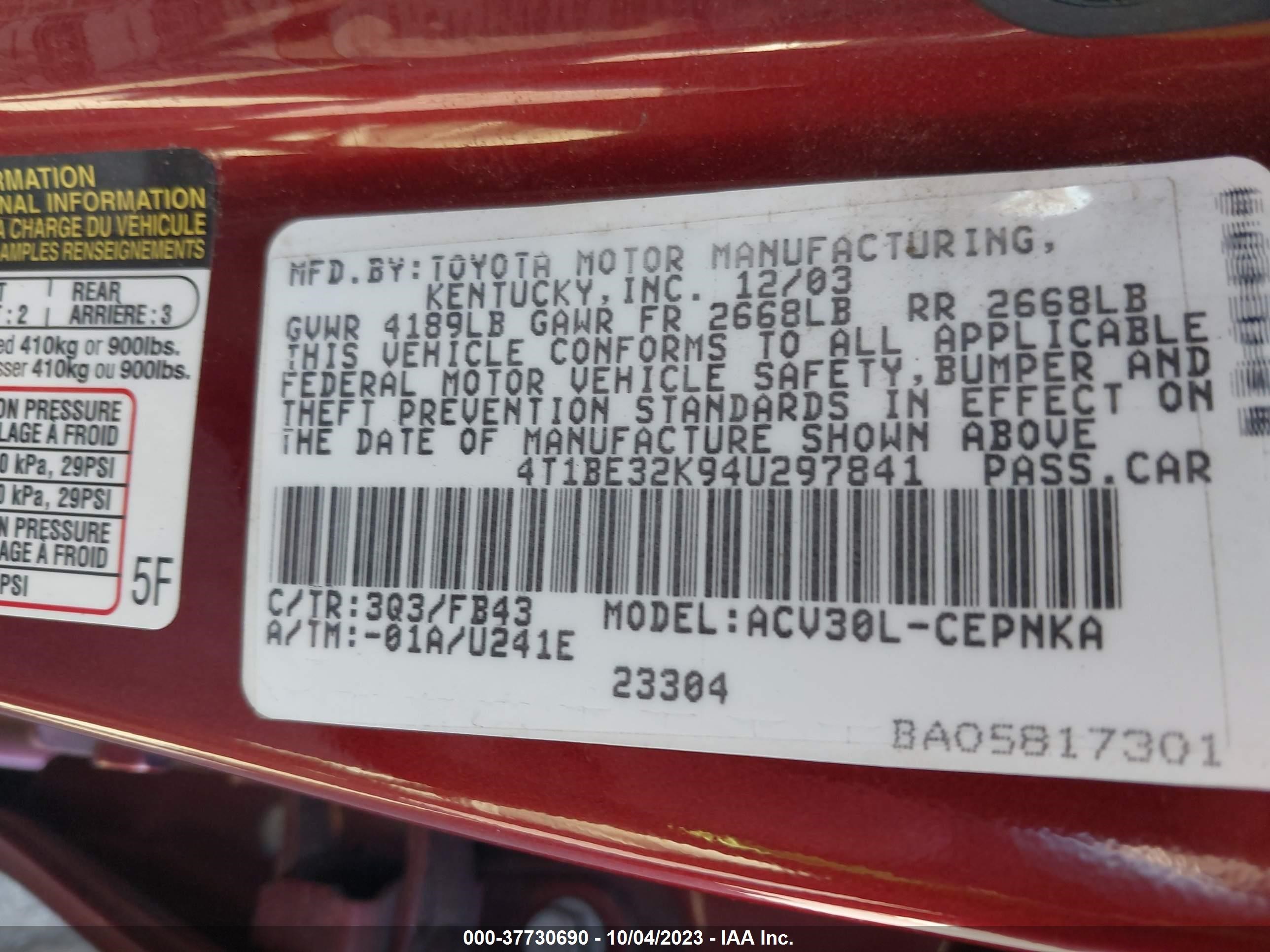 Photo 8 VIN: 4T1BE32K94U297841 - TOYOTA CAMRY 