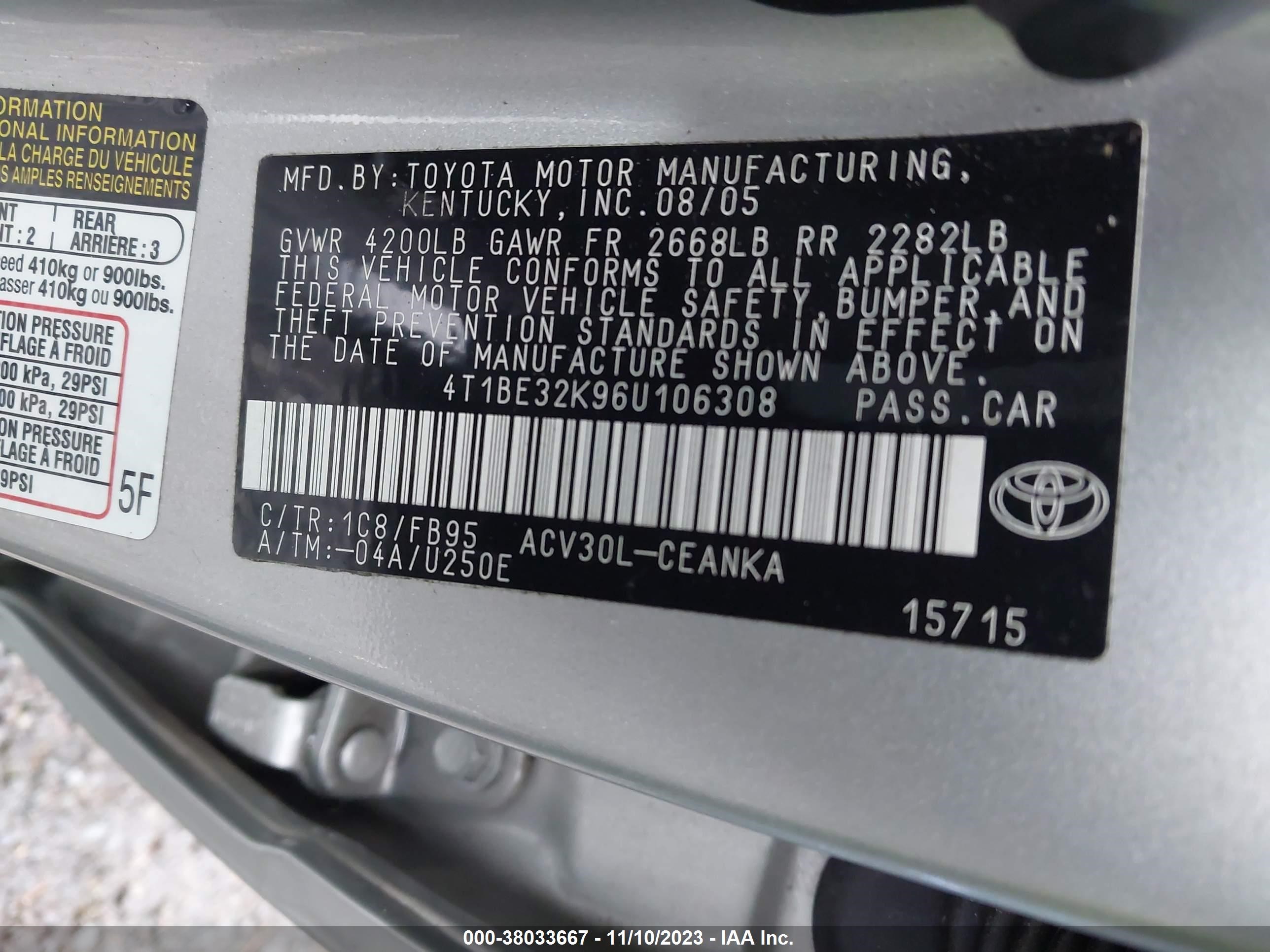 Photo 8 VIN: 4T1BE32K96U106308 - TOYOTA CAMRY 