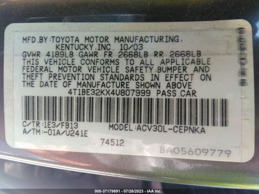 Photo 8 VIN: 4T1BE32KX4U807999 - TOYOTA CAMRY 