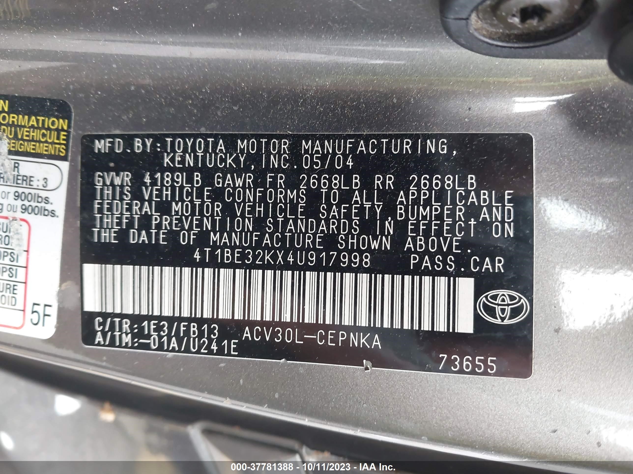 Photo 8 VIN: 4T1BE32KX4U917998 - TOYOTA CAMRY 