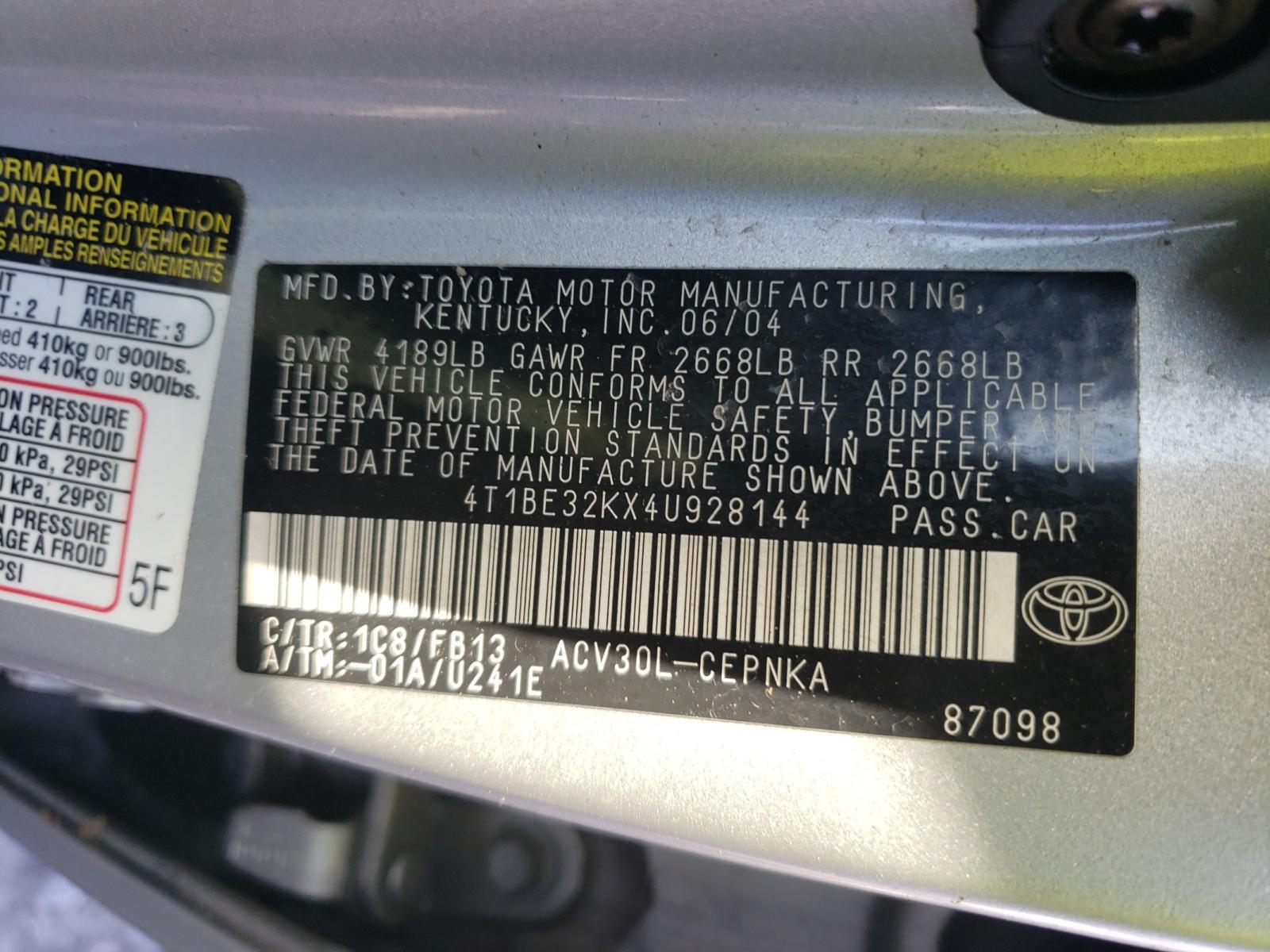 Photo 9 VIN: 4T1BE32KX4U928144 - TOYOTA CAMRY LE 