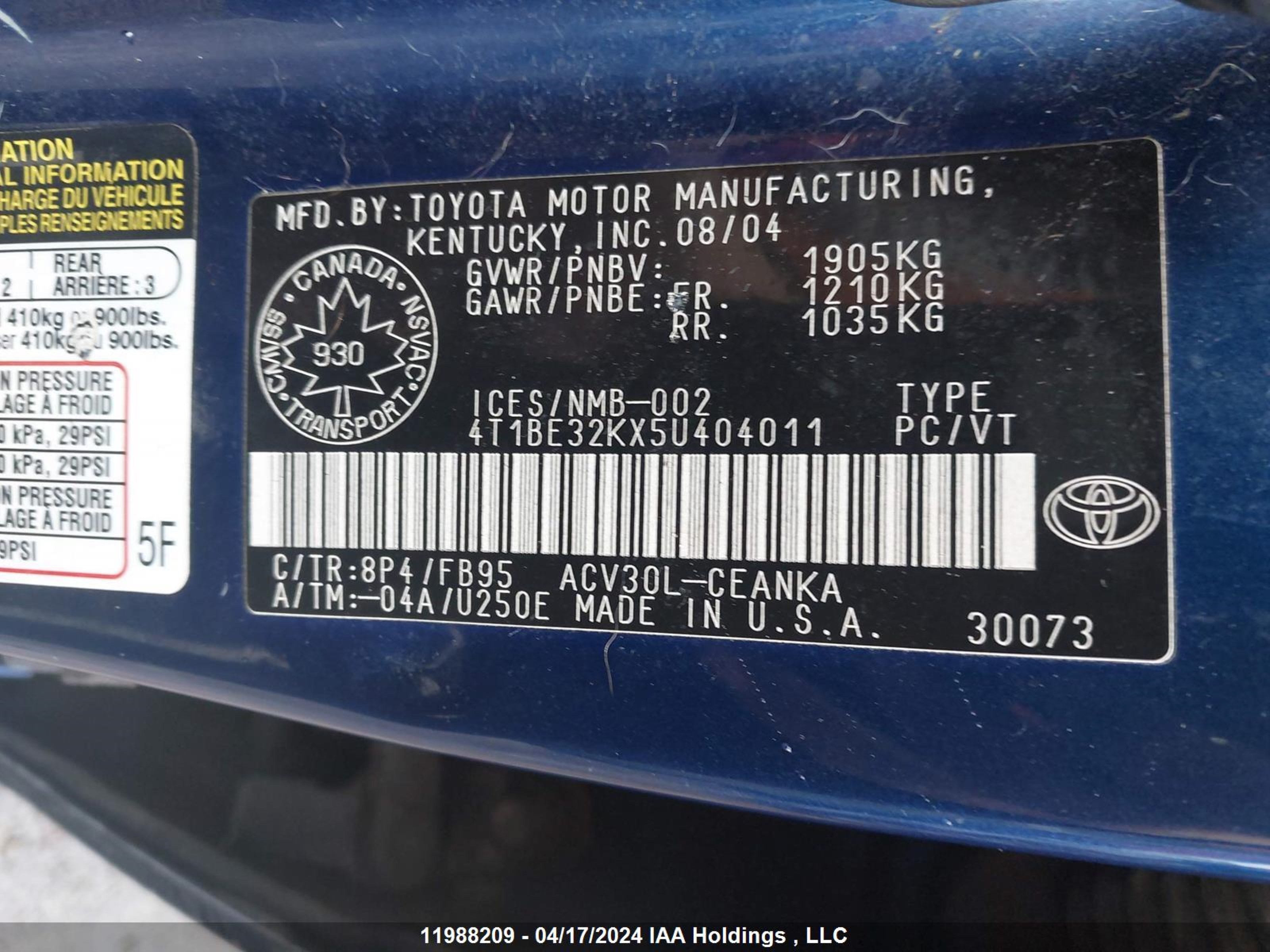 Photo 8 VIN: 4T1BE32KX5U404011 - TOYOTA CAMRY 