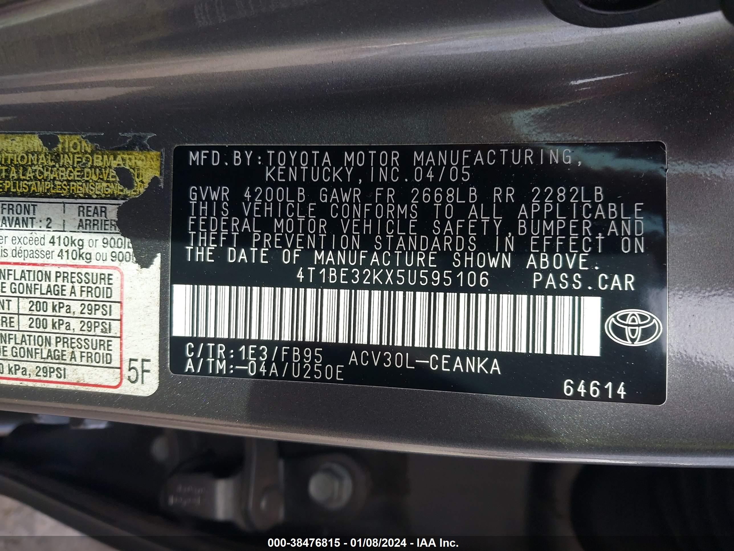 Photo 8 VIN: 4T1BE32KX5U595106 - TOYOTA CAMRY 