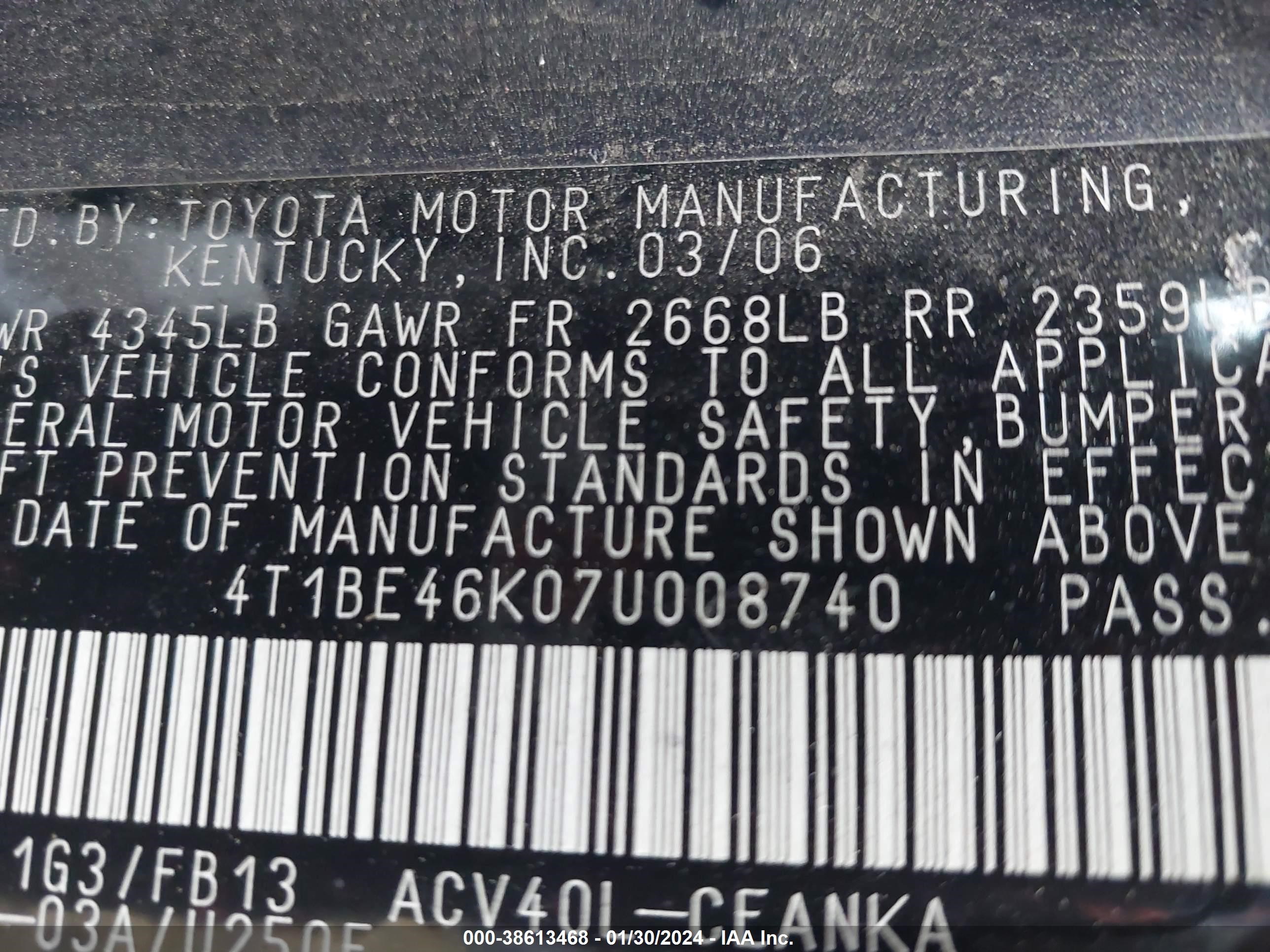 Photo 8 VIN: 4T1BE46K07U008740 - TOYOTA CAMRY 