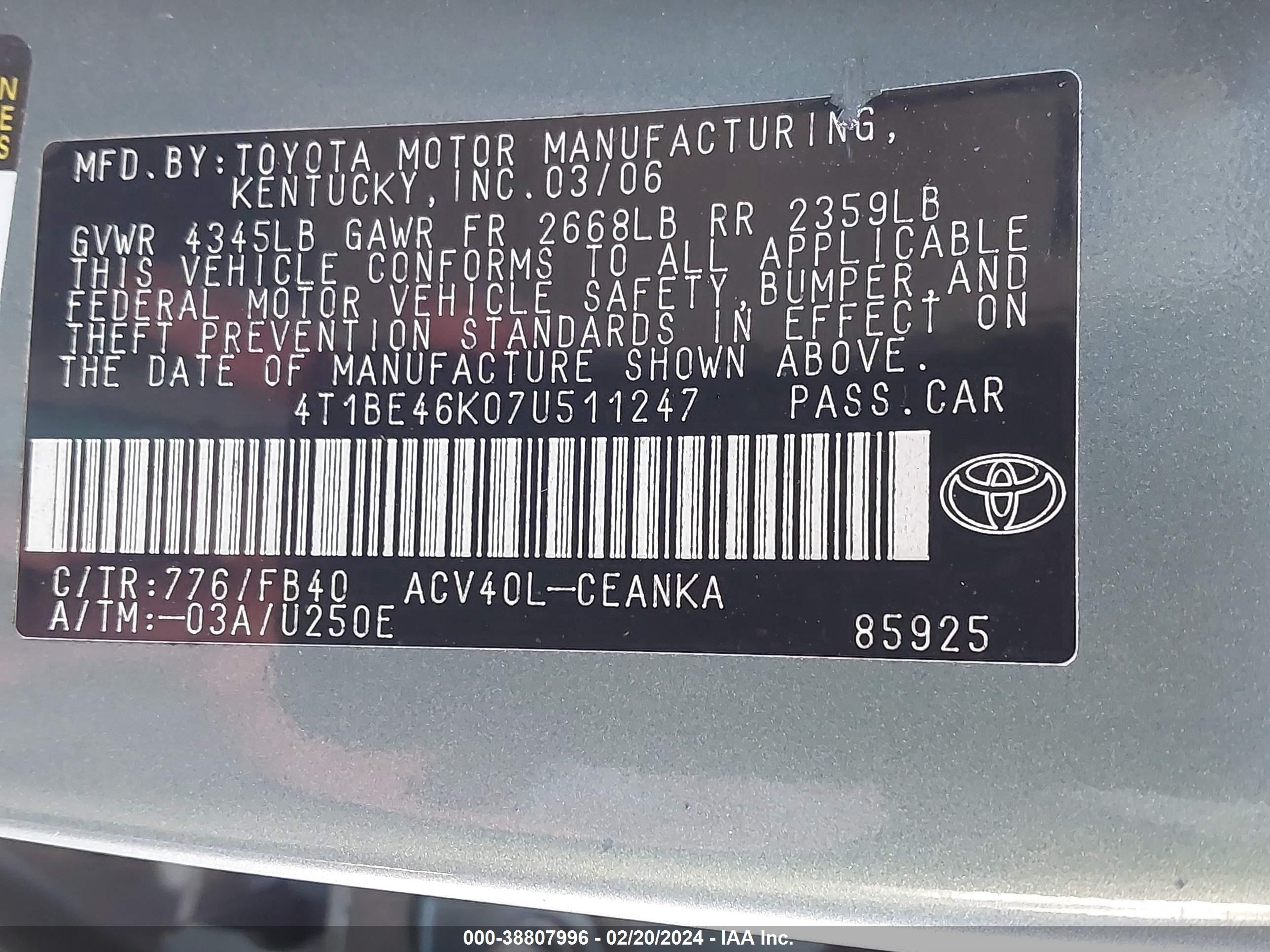 Photo 8 VIN: 4T1BE46K07U511247 - TOYOTA CAMRY 