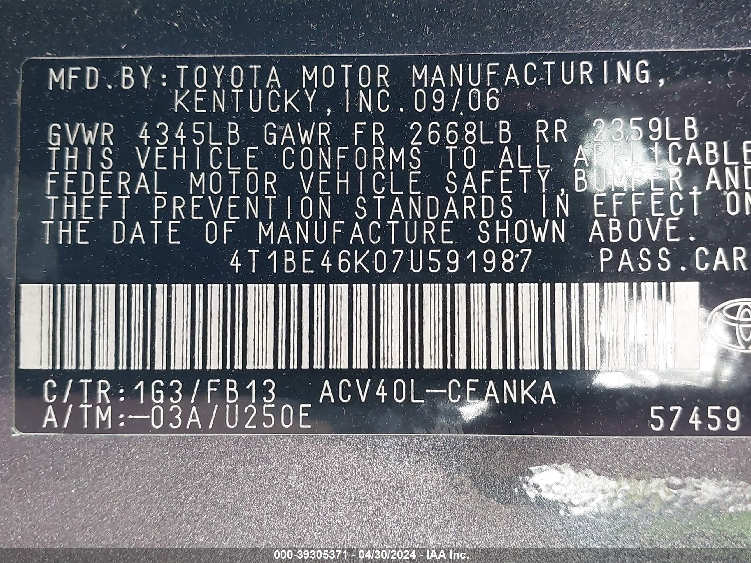 Photo 8 VIN: 4T1BE46K07U591987 - TOYOTA CAMRY 