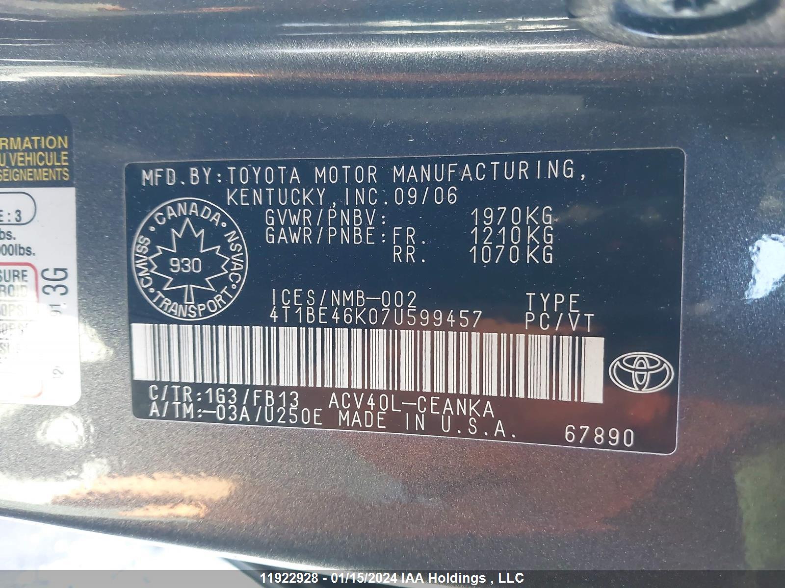 Photo 8 VIN: 4T1BE46K07U599457 - TOYOTA CAMRY 