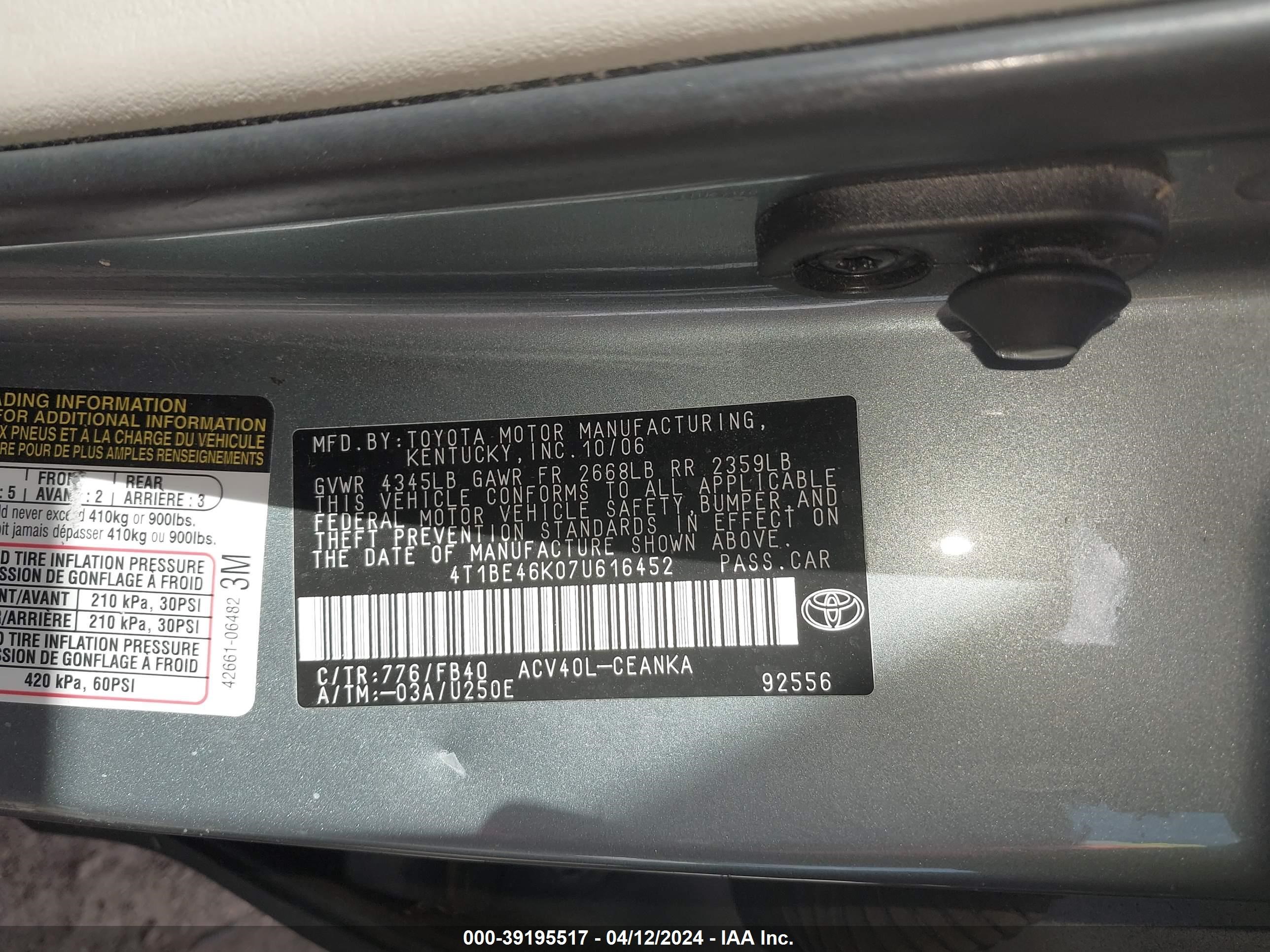 Photo 8 VIN: 4T1BE46K07U616452 - TOYOTA CAMRY 