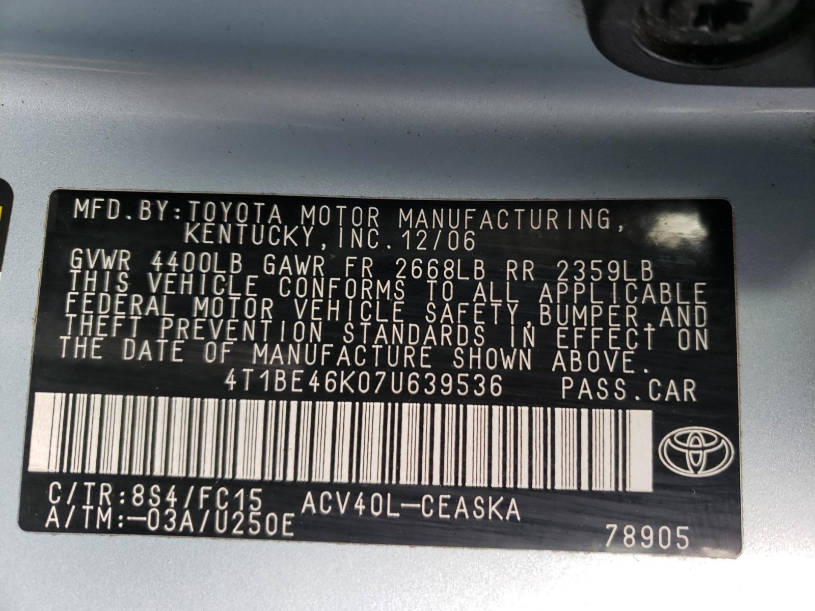 Photo 9 VIN: 4T1BE46K07U639536 - TOYOTA CAMRY CE 