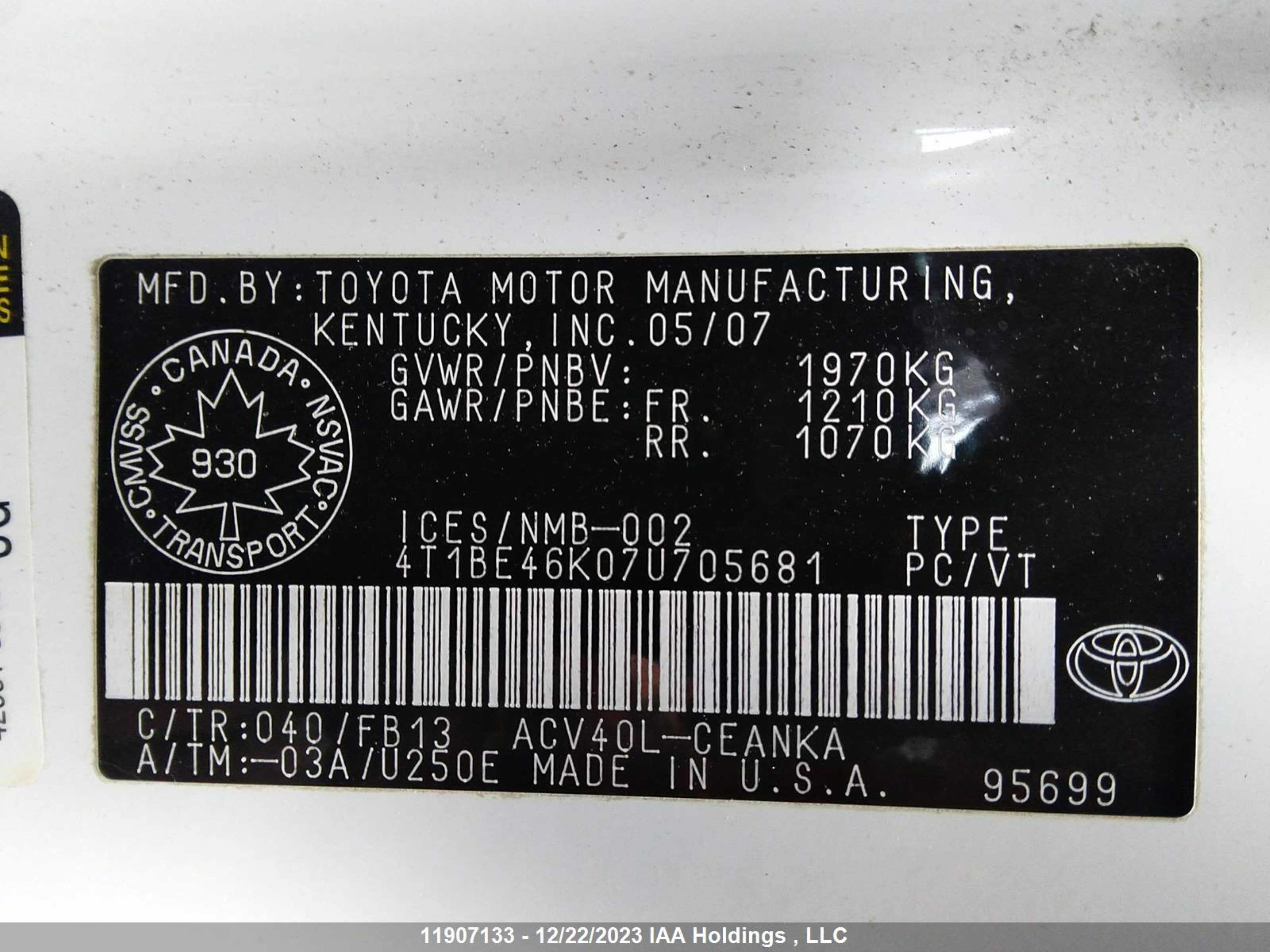 Photo 8 VIN: 4T1BE46K07U705681 - TOYOTA CAMRY 