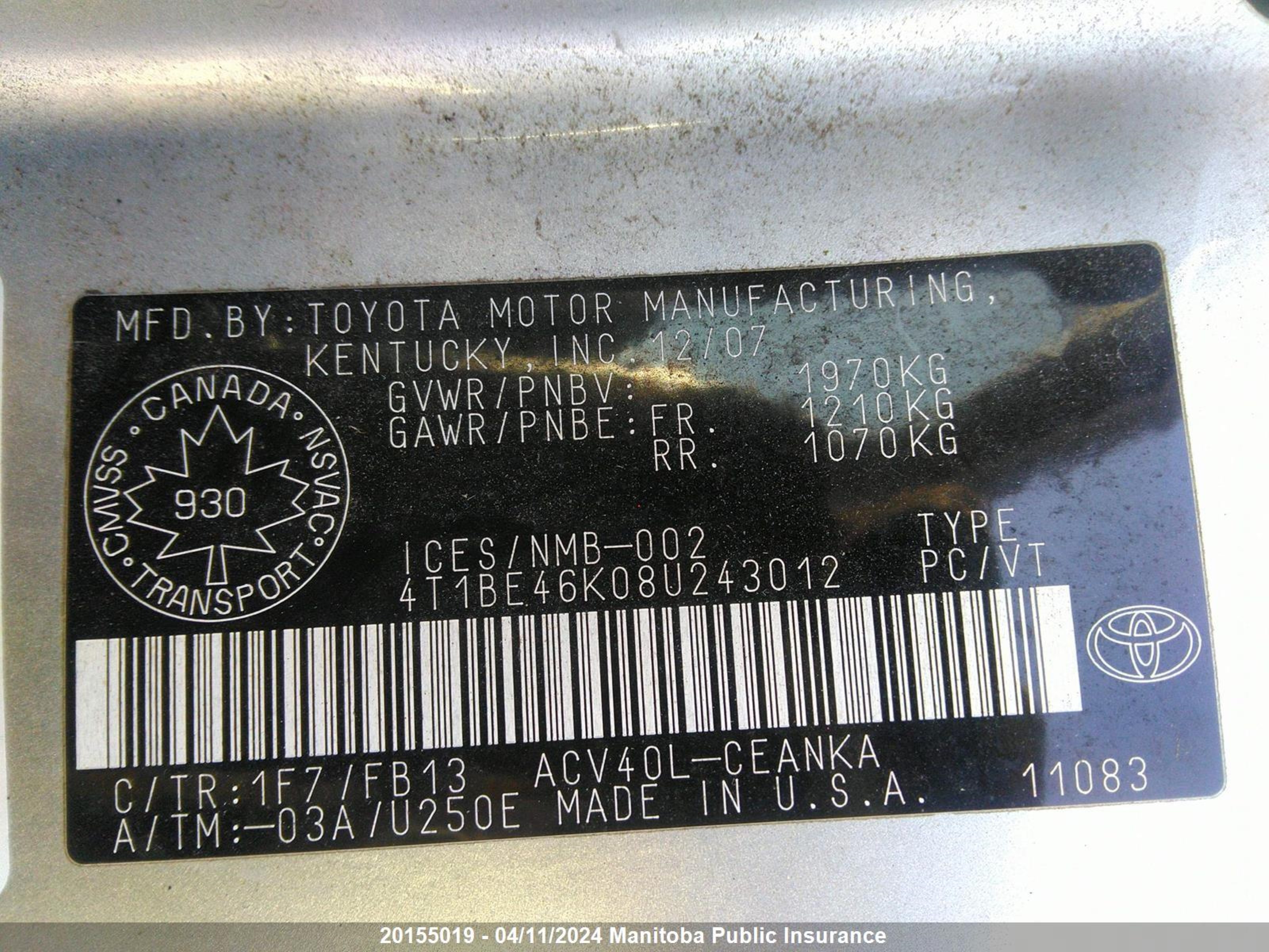 Photo 8 VIN: 4T1BE46K08U243012 - TOYOTA CAMRY 