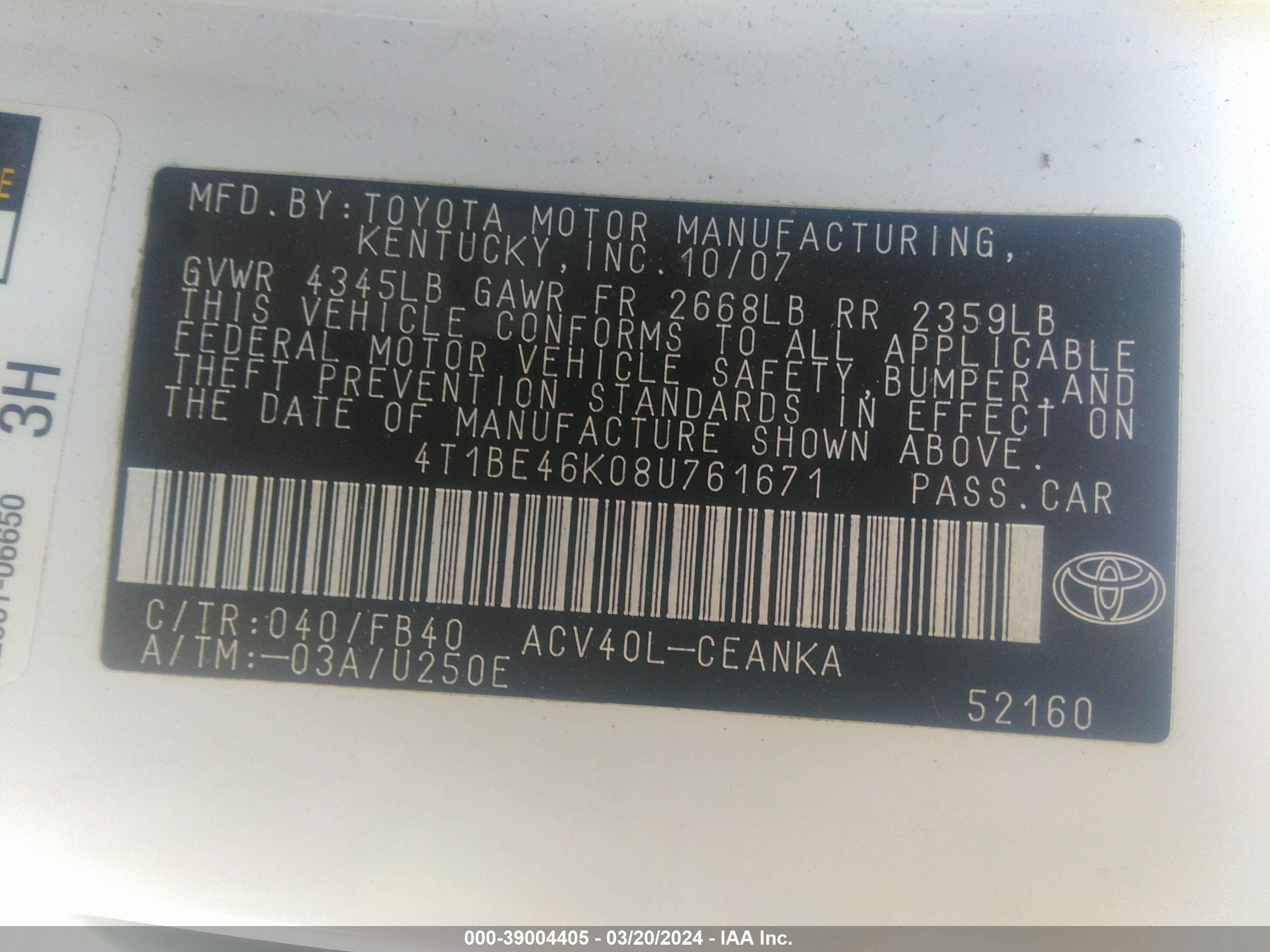 Photo 8 VIN: 4T1BE46K08U761671 - TOYOTA CAMRY 