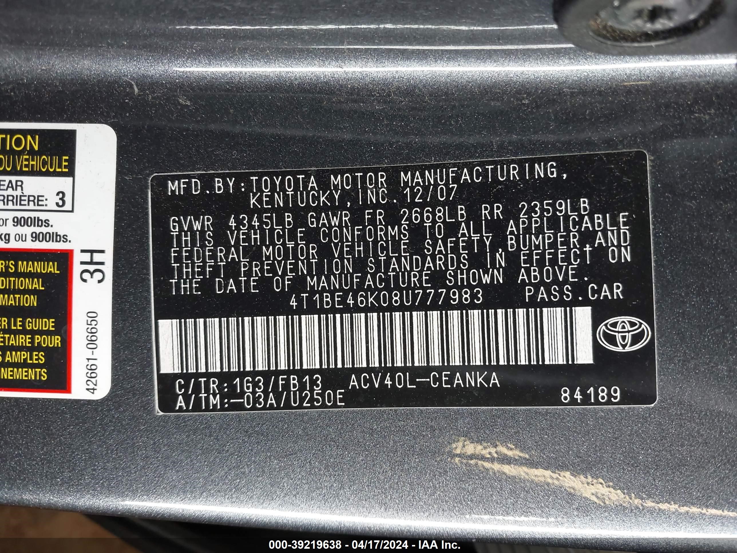 Photo 8 VIN: 4T1BE46K08U777983 - TOYOTA CAMRY 