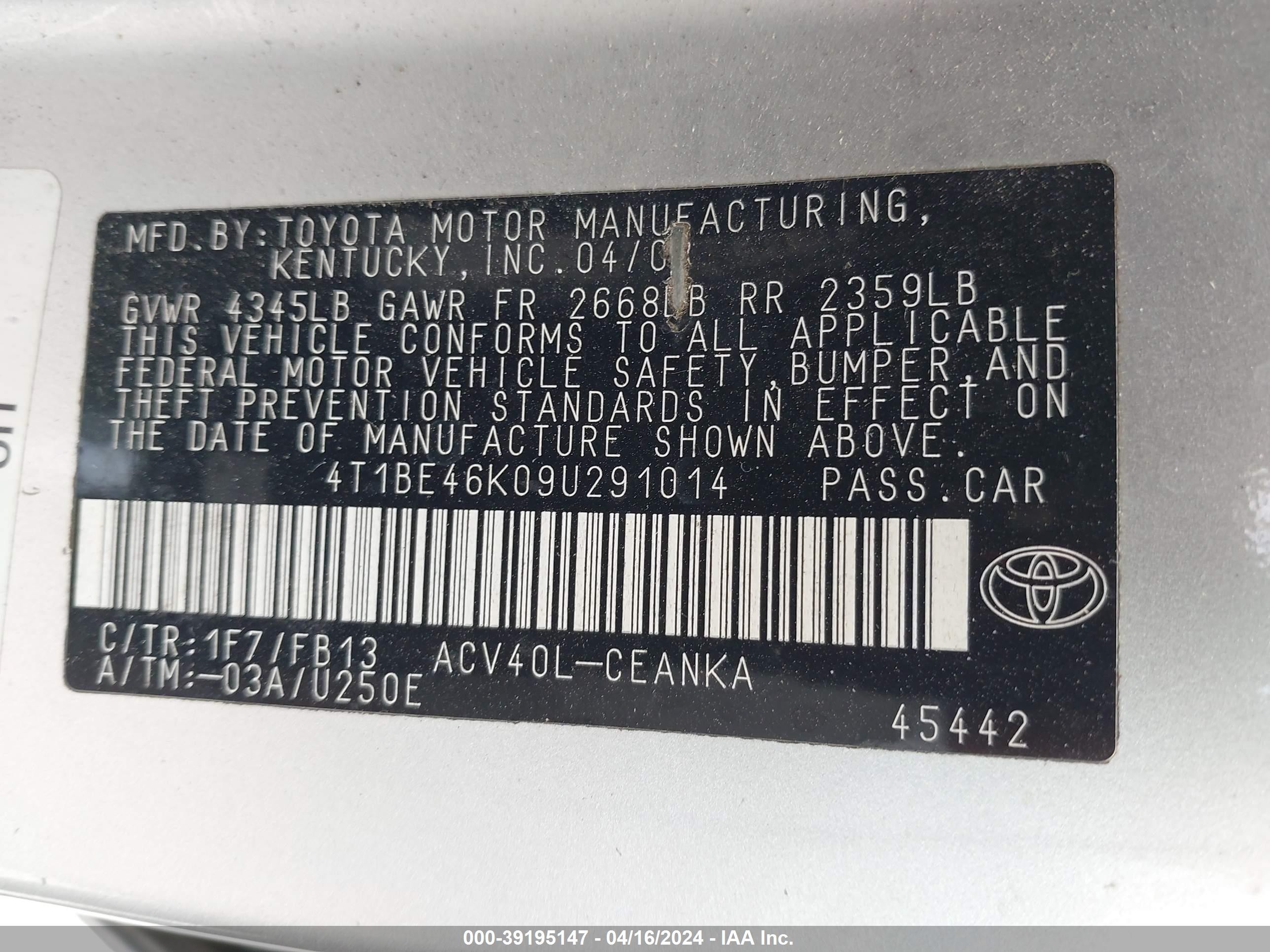 Photo 8 VIN: 4T1BE46K09U291014 - TOYOTA CAMRY 