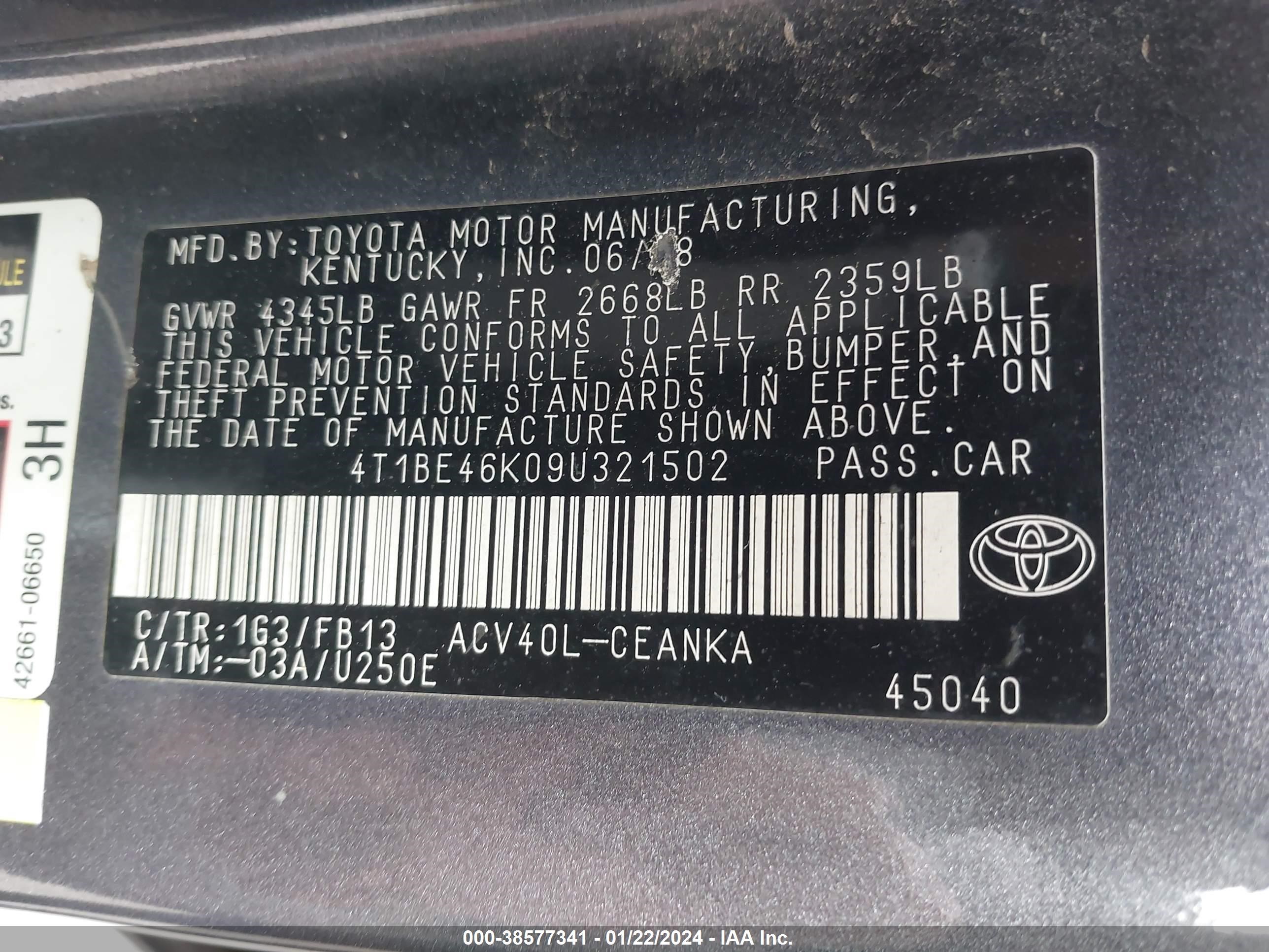 Photo 8 VIN: 4T1BE46K09U321502 - TOYOTA CAMRY 