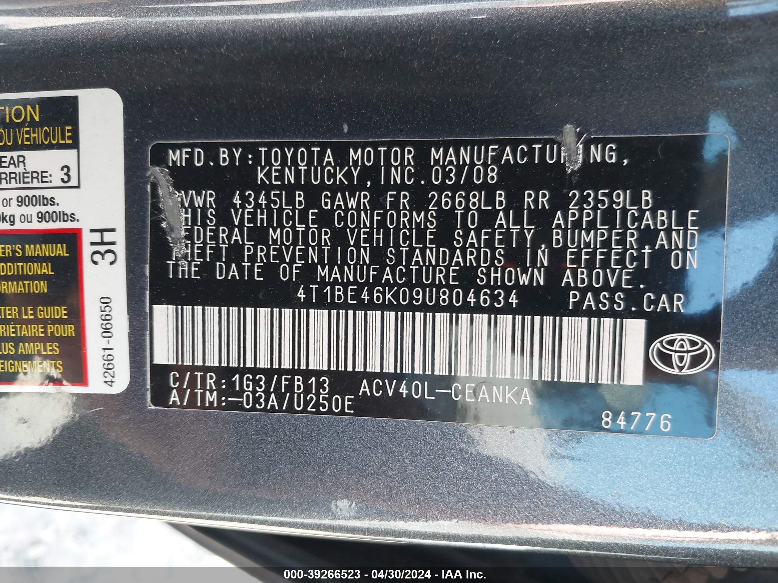 Photo 8 VIN: 4T1BE46K09U804634 - TOYOTA CAMRY 