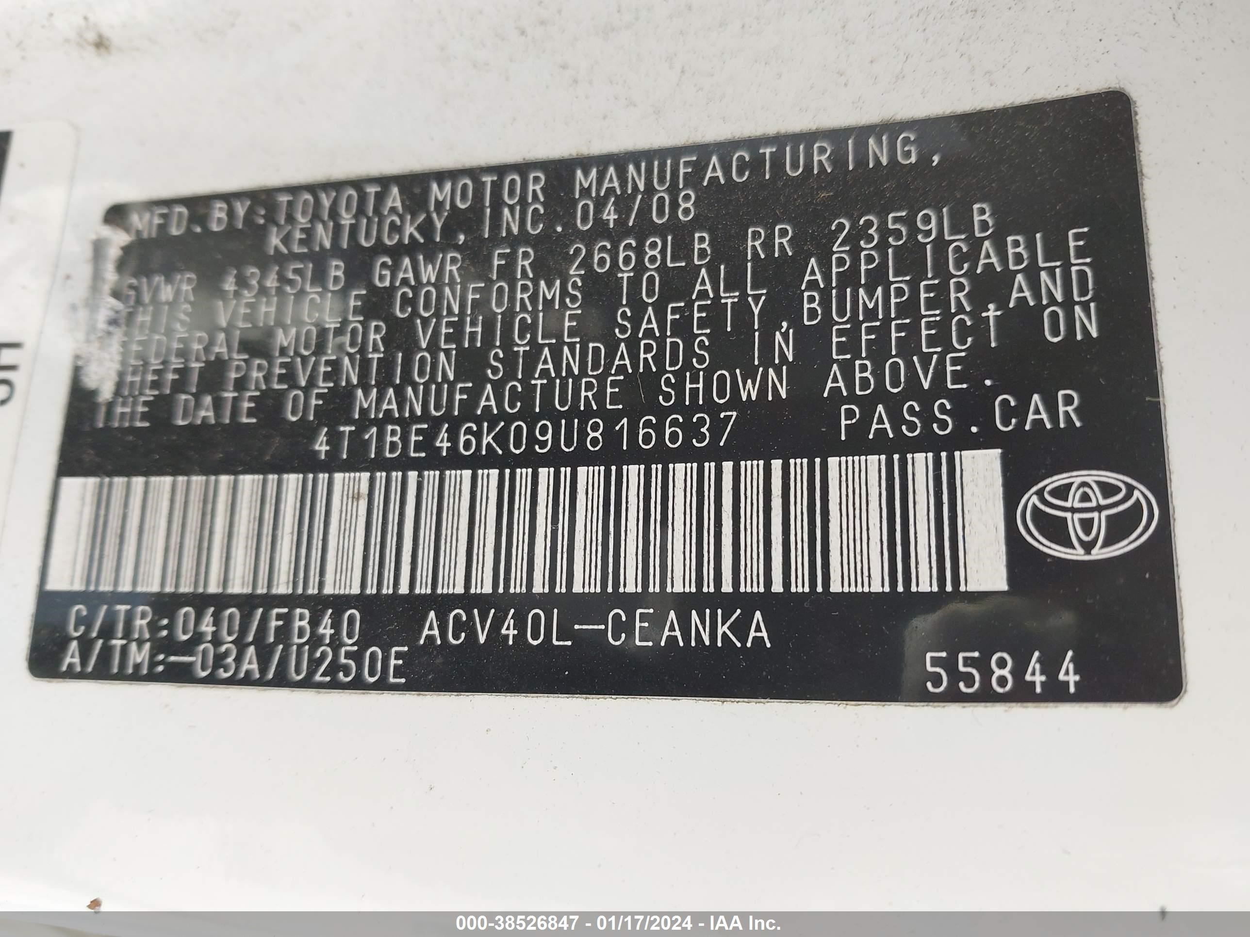 Photo 8 VIN: 4T1BE46K09U816637 - TOYOTA CAMRY 