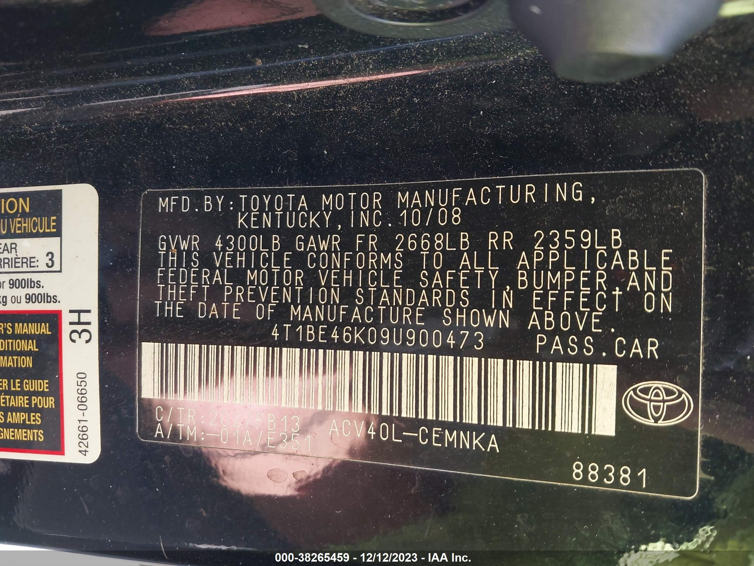 Photo 8 VIN: 4T1BE46K09U900473 - TOYOTA CAMRY 