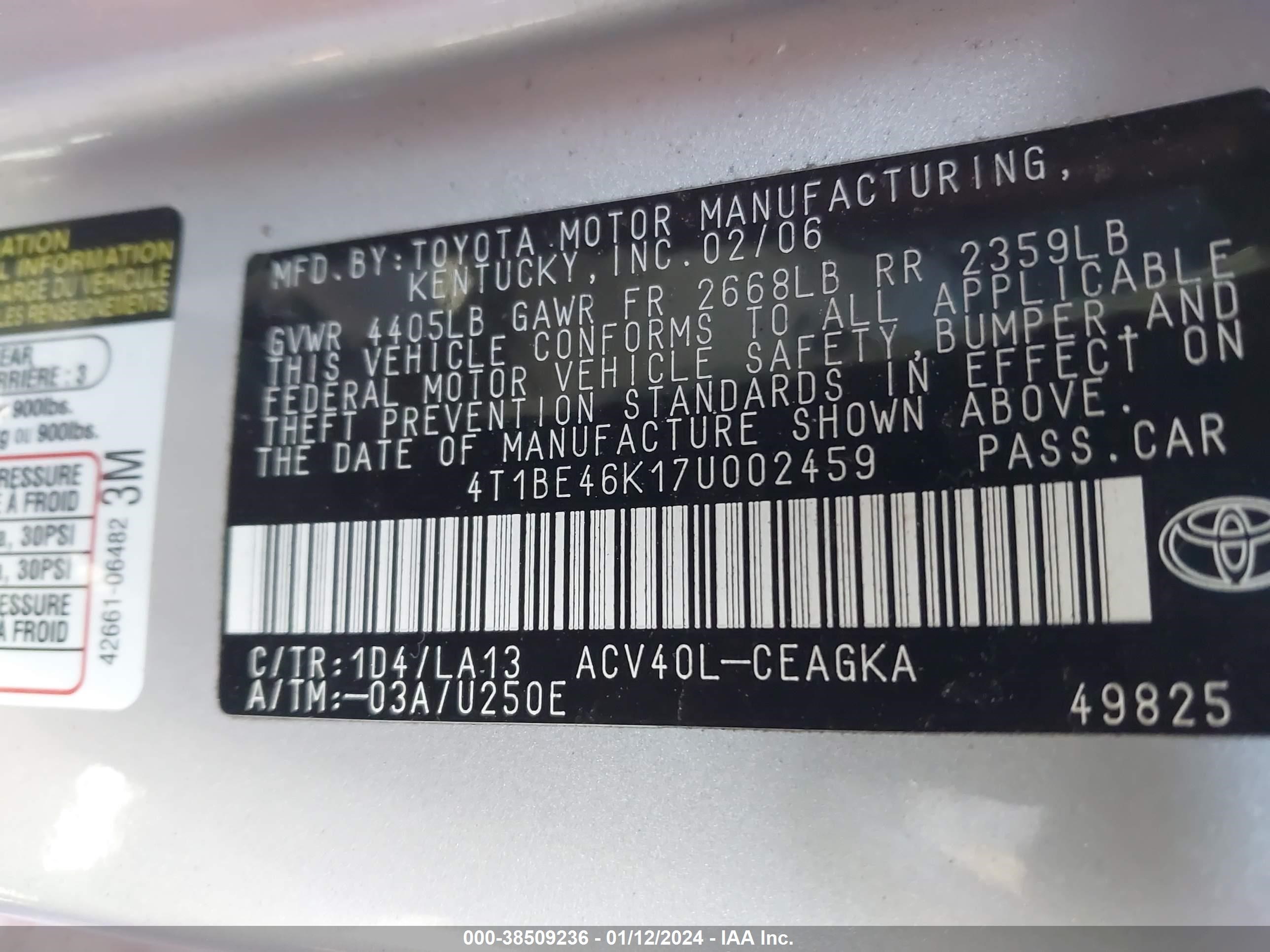 Photo 8 VIN: 4T1BE46K17U002459 - TOYOTA CAMRY 