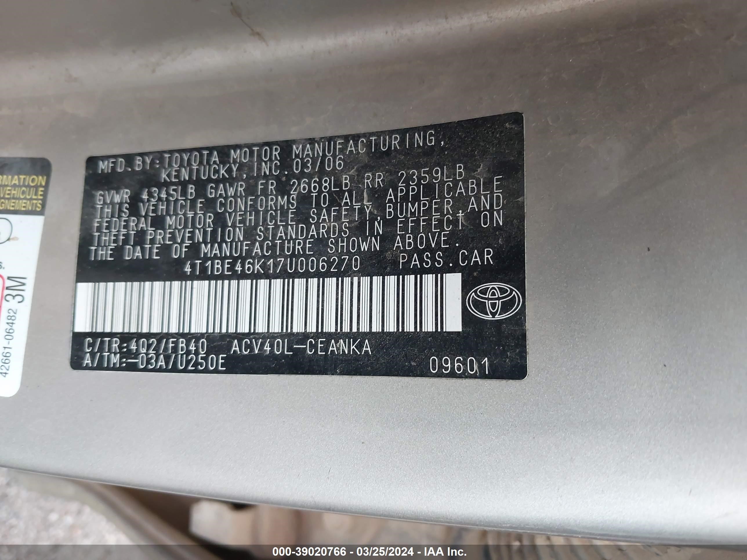 Photo 8 VIN: 4T1BE46K17U006270 - TOYOTA CAMRY 