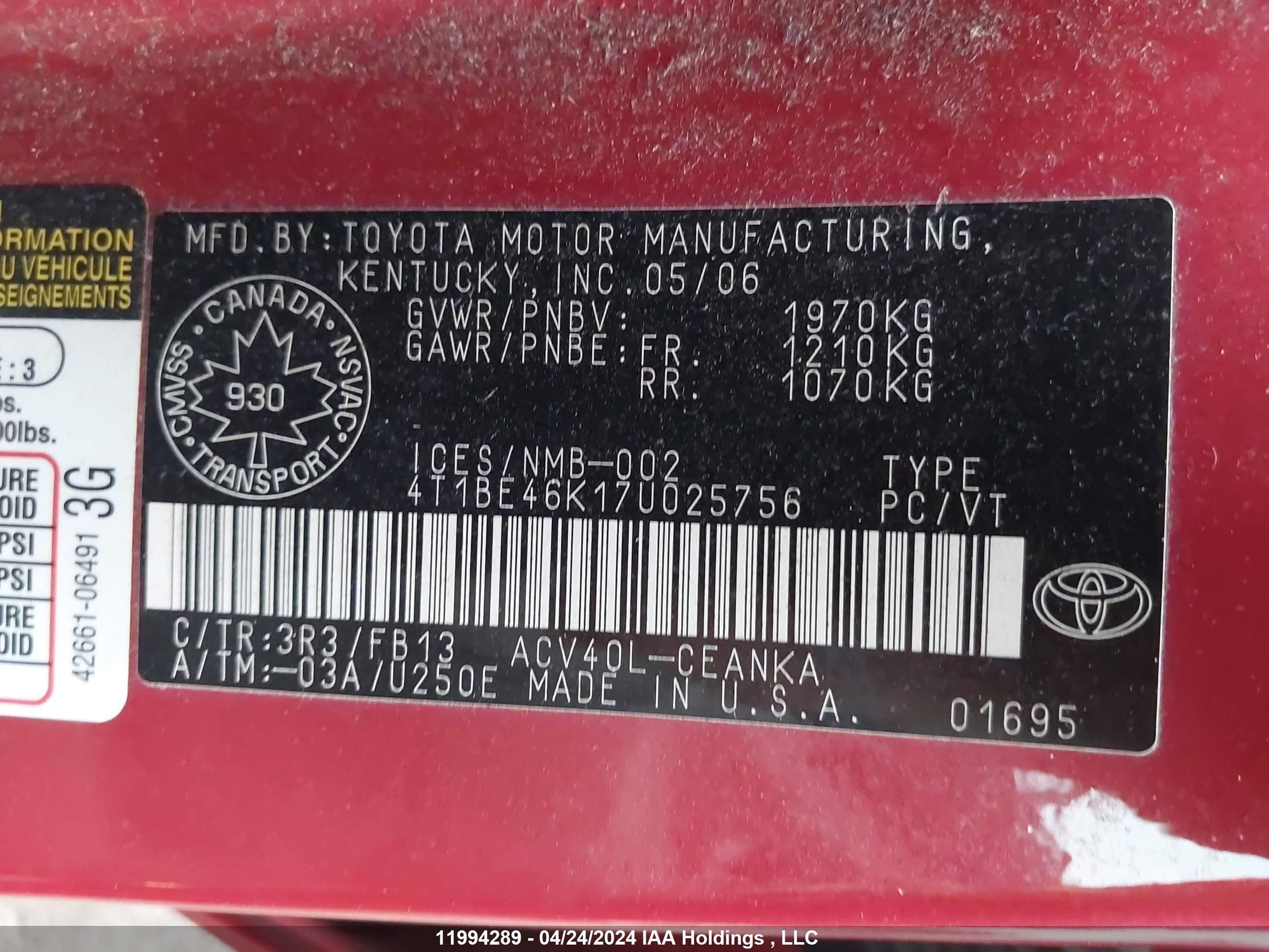 Photo 8 VIN: 4T1BE46K17U025756 - TOYOTA CAMRY 