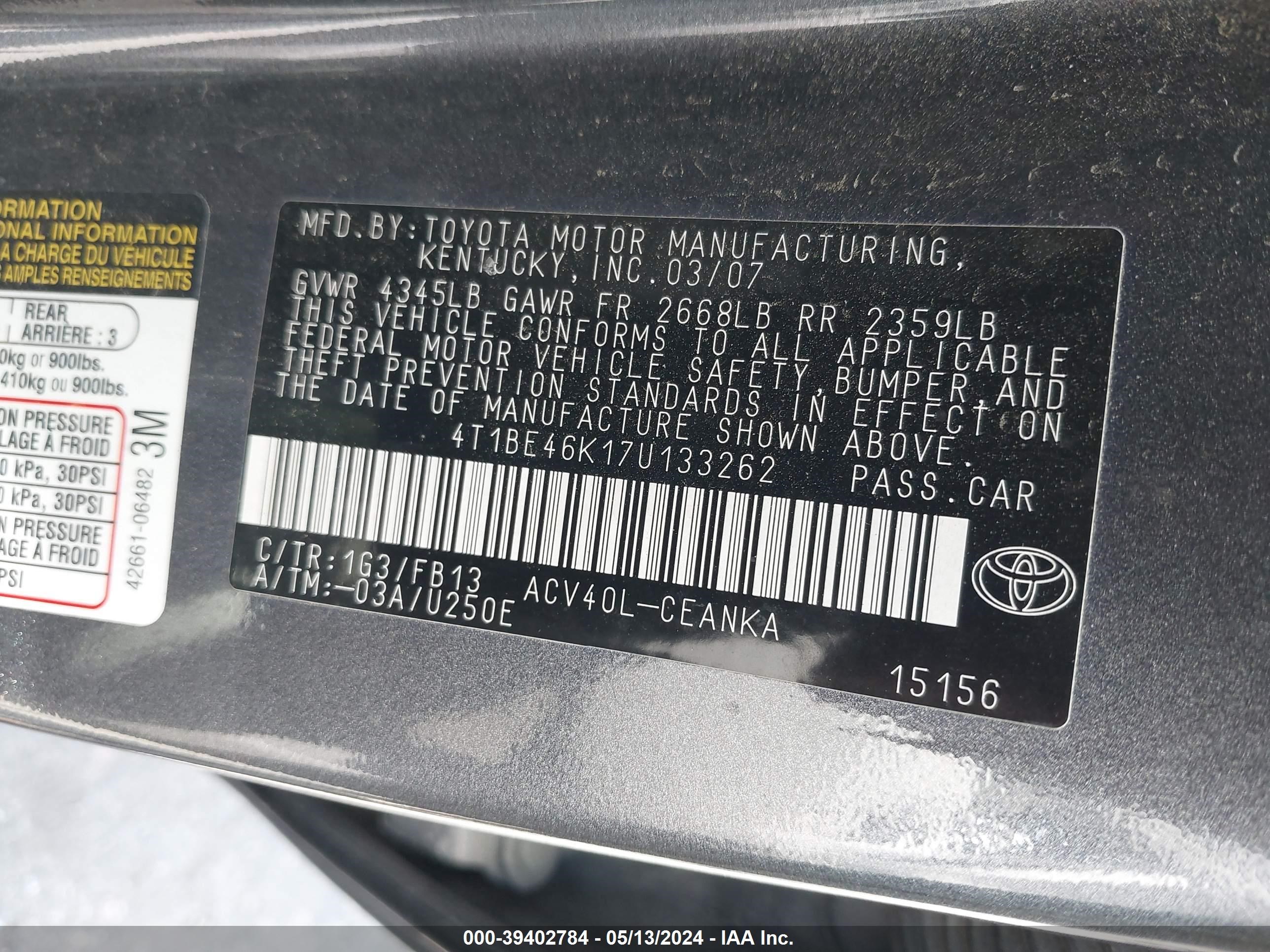 Photo 8 VIN: 4T1BE46K17U133262 - TOYOTA CAMRY 