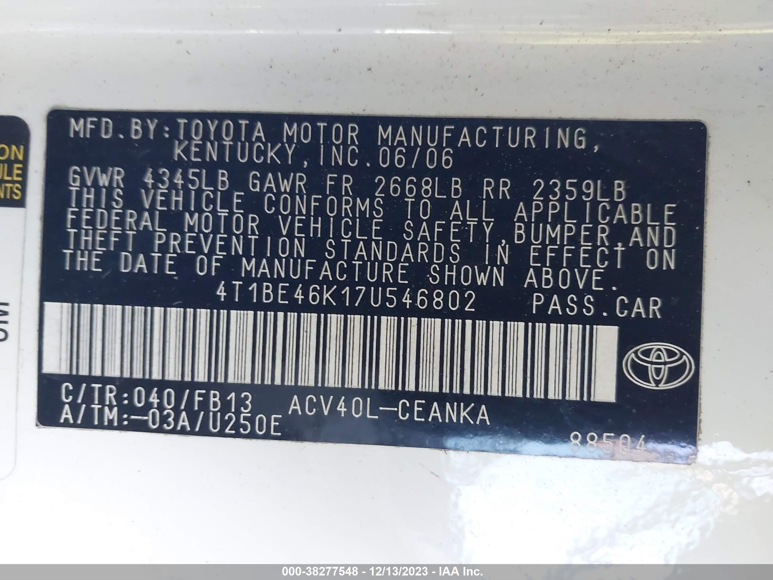 Photo 8 VIN: 4T1BE46K17U546802 - TOYOTA CAMRY 