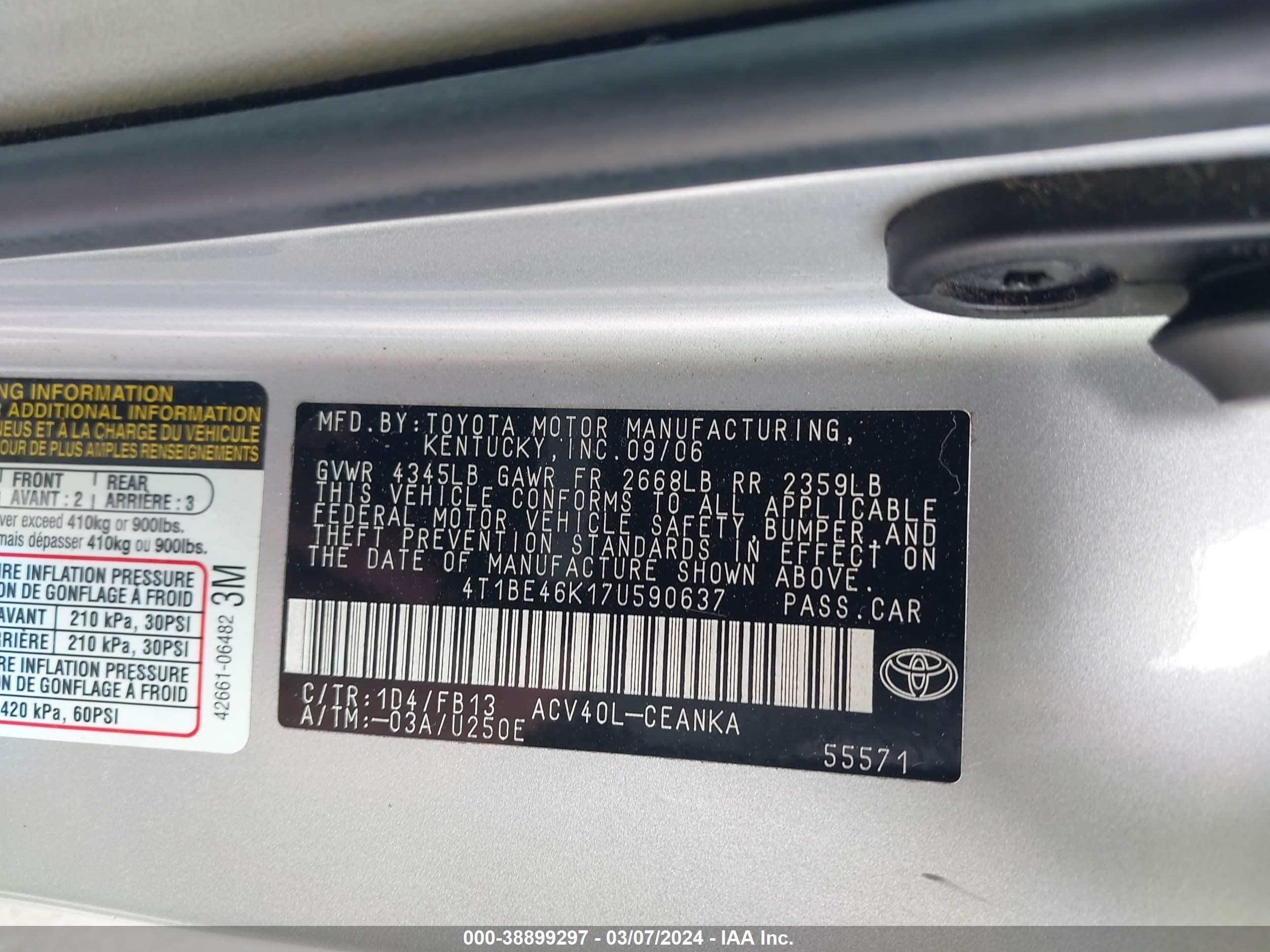 Photo 8 VIN: 4T1BE46K17U590637 - TOYOTA CAMRY 