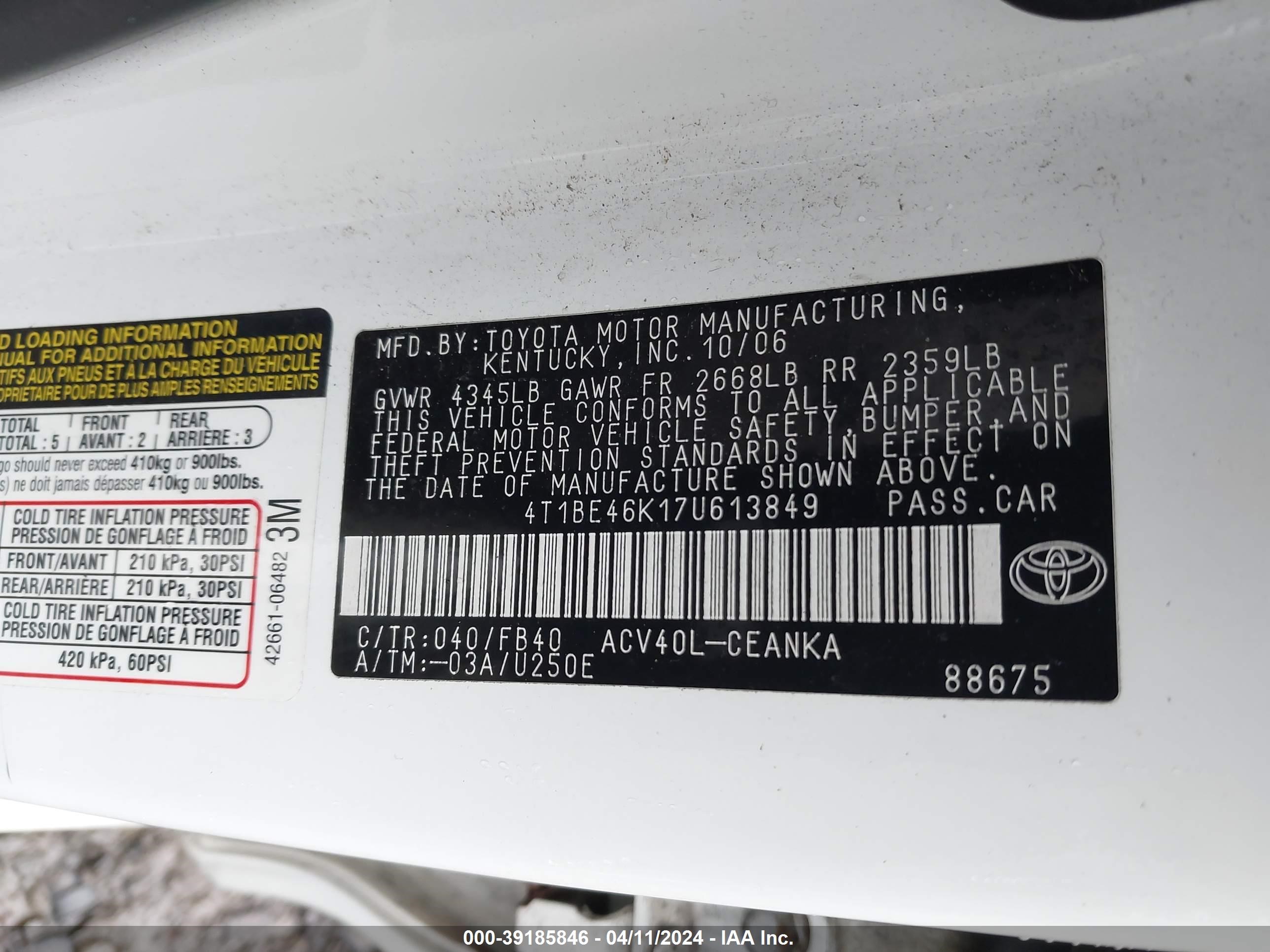 Photo 8 VIN: 4T1BE46K17U613849 - TOYOTA CAMRY 