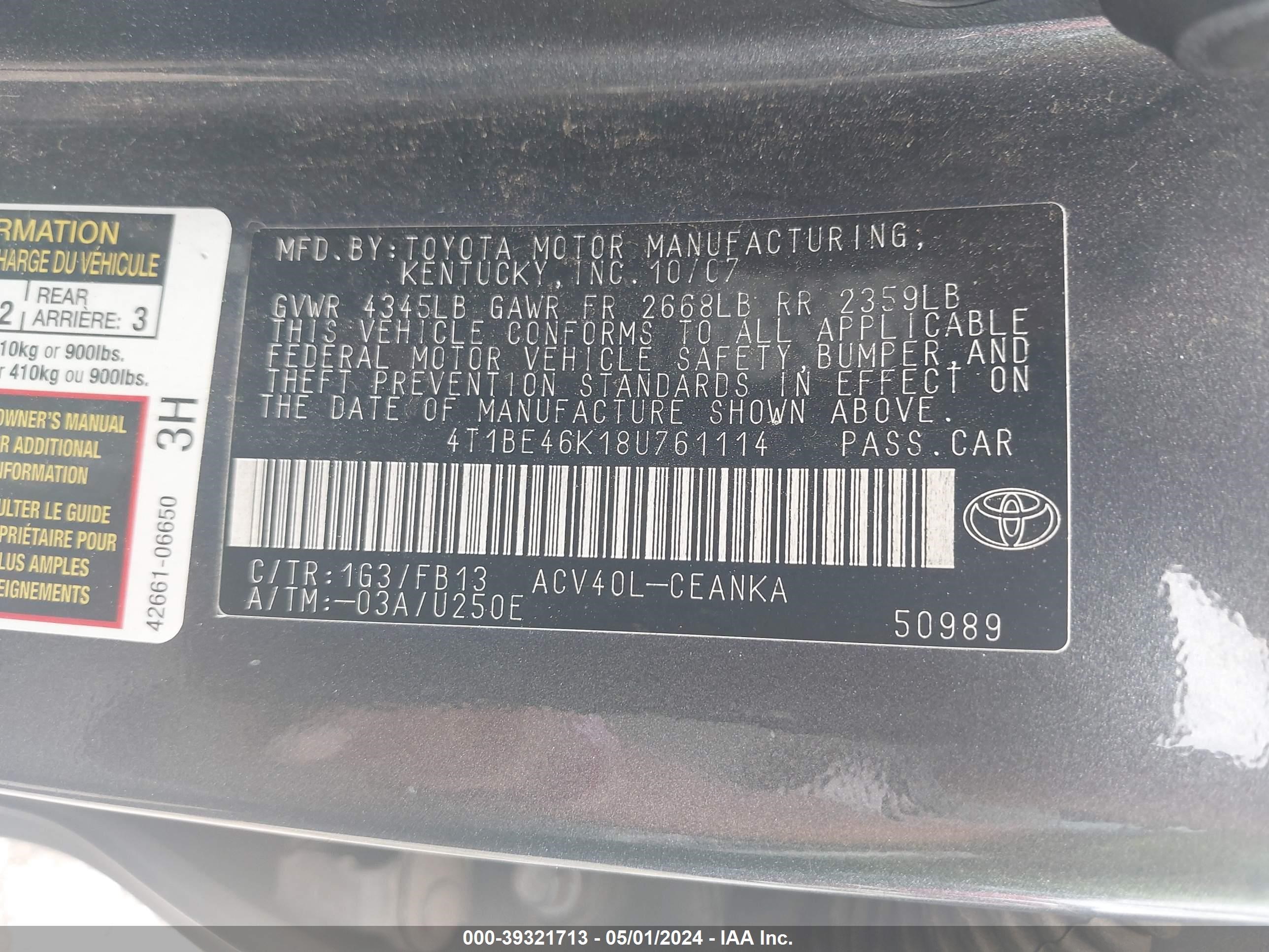 Photo 8 VIN: 4T1BE46K18U761114 - TOYOTA CAMRY 