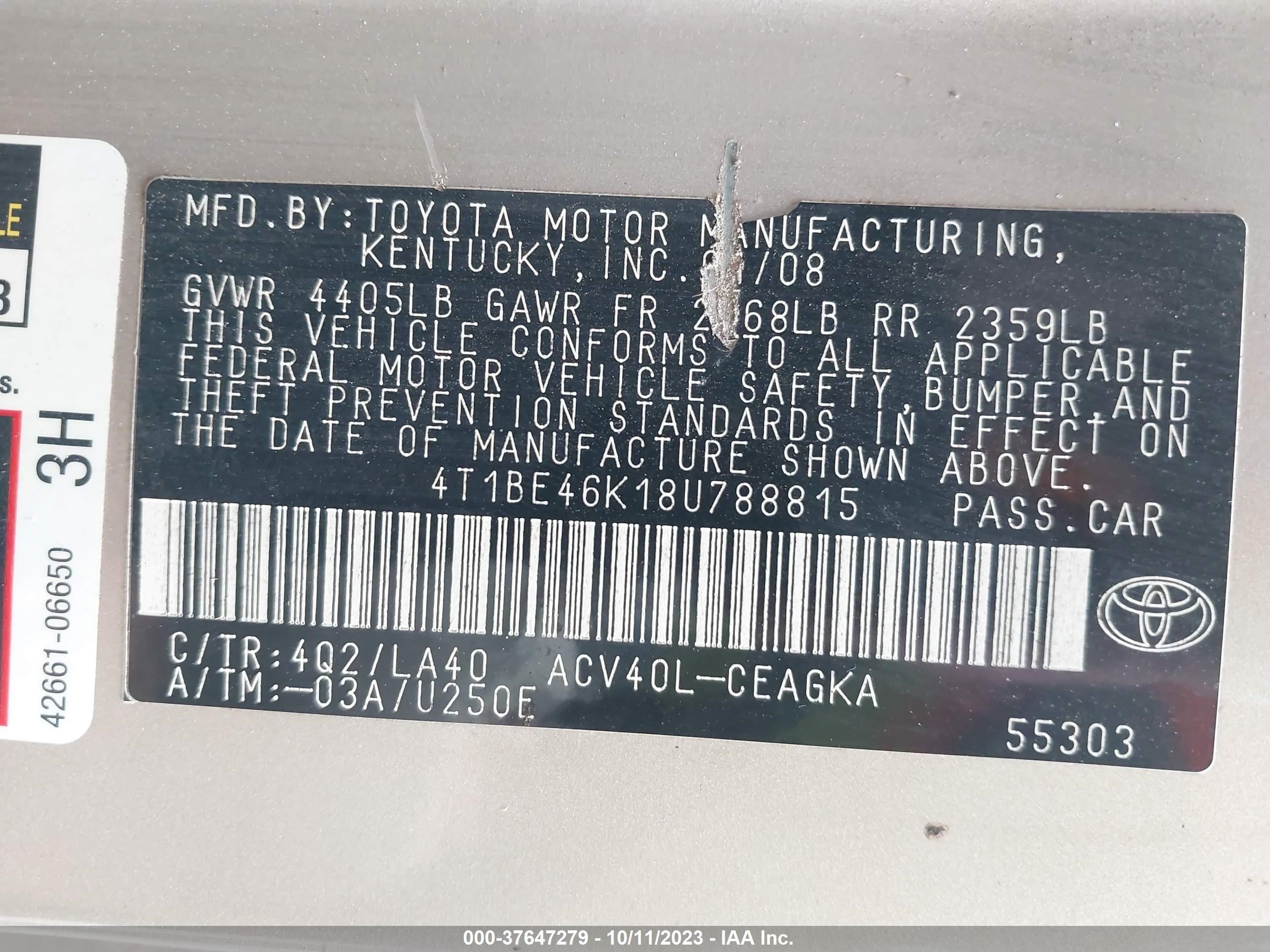 Photo 8 VIN: 4T1BE46K18U788815 - TOYOTA CAMRY 