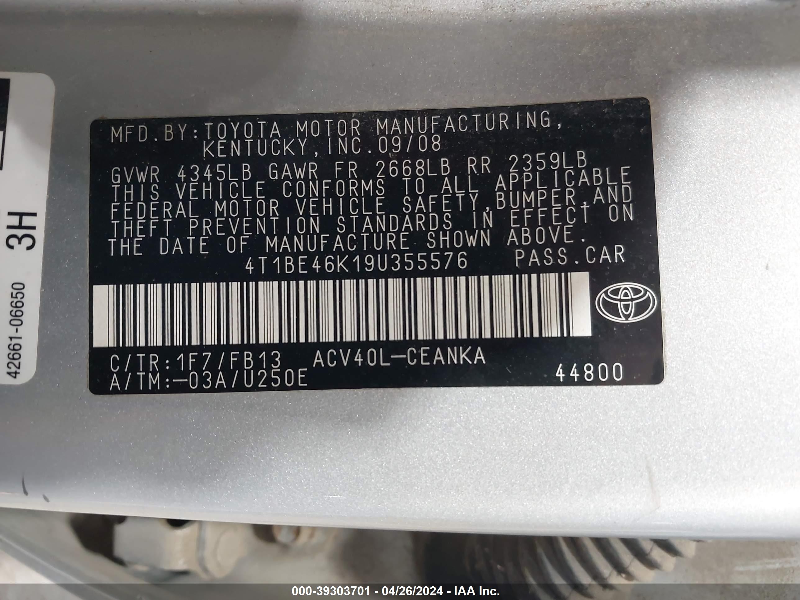 Photo 8 VIN: 4T1BE46K19U355576 - TOYOTA CAMRY 