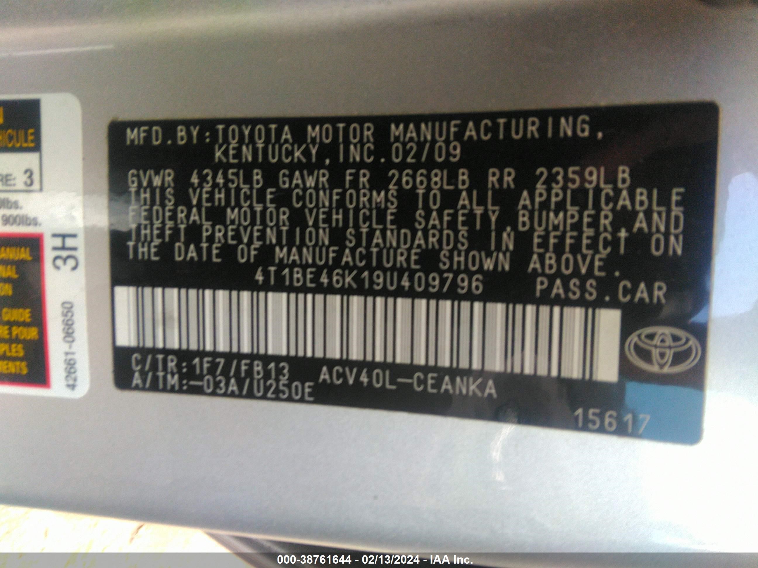 Photo 8 VIN: 4T1BE46K19U409796 - TOYOTA CAMRY 