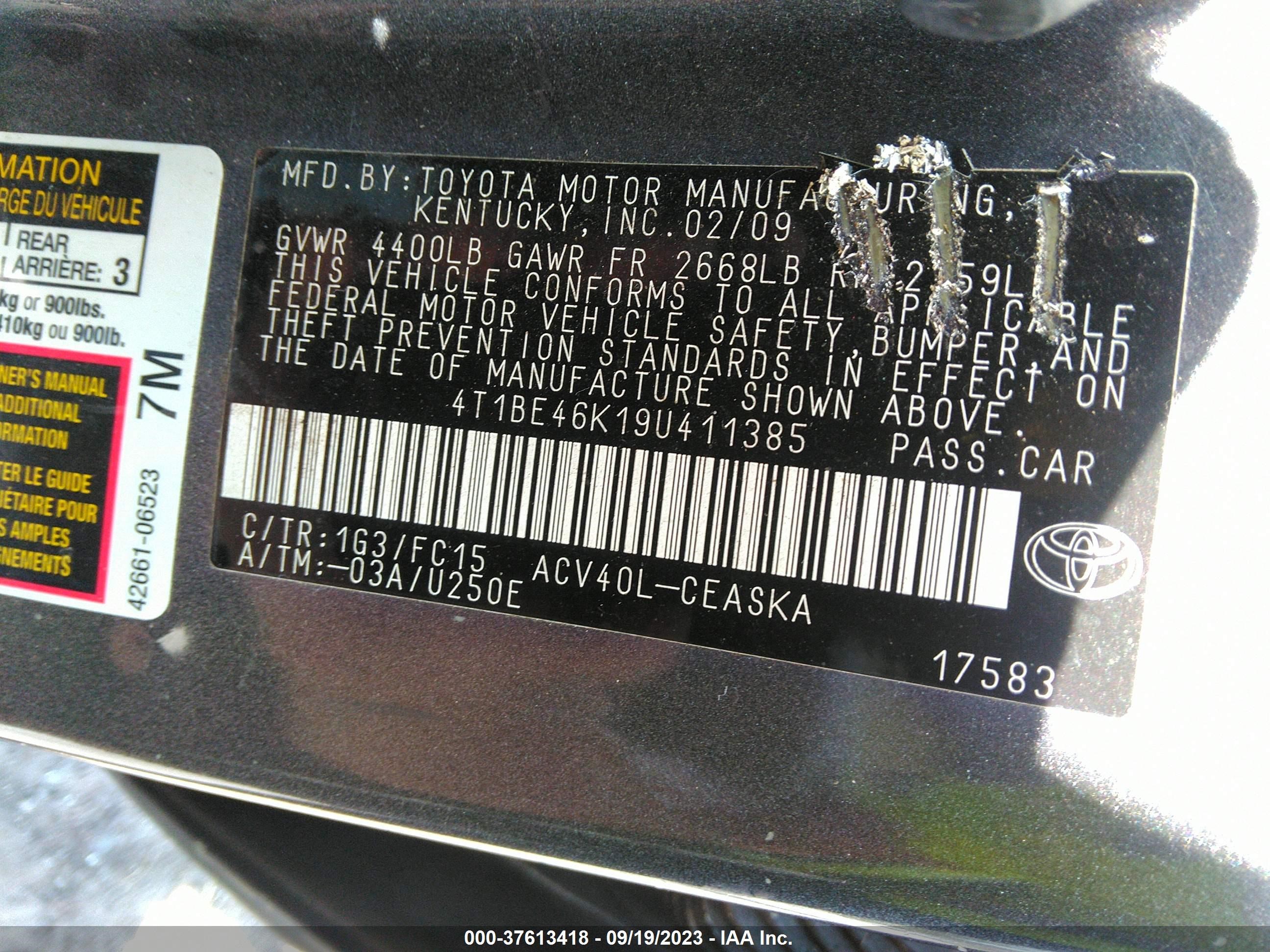 Photo 8 VIN: 4T1BE46K19U411385 - TOYOTA CAMRY 